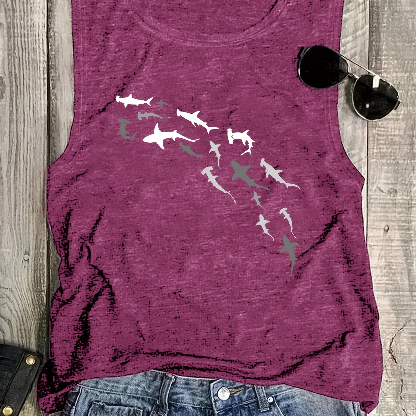 

Shark Print Top, Sleeveless Casual Top For Summer & Spring, Women's Clothing