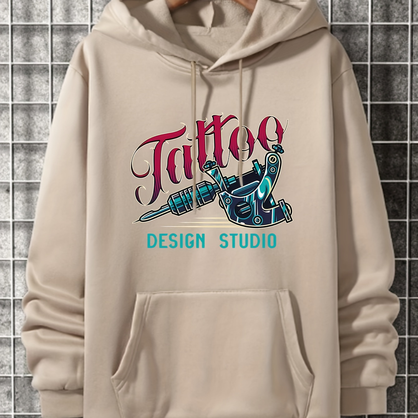 

Tattoo Tool Pattern Hoodie With Kangaroo Pocket, Men's Casual Pullover Hooded Sweatshirt