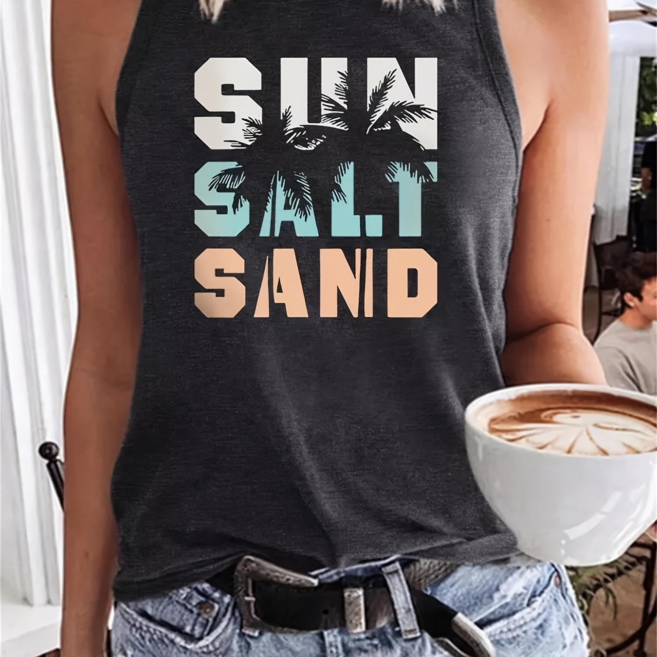 

Sun Salt Sand Print Tank Top, Casual Sleeveless Crew Neck Beach Tank Top, Women's Clothing