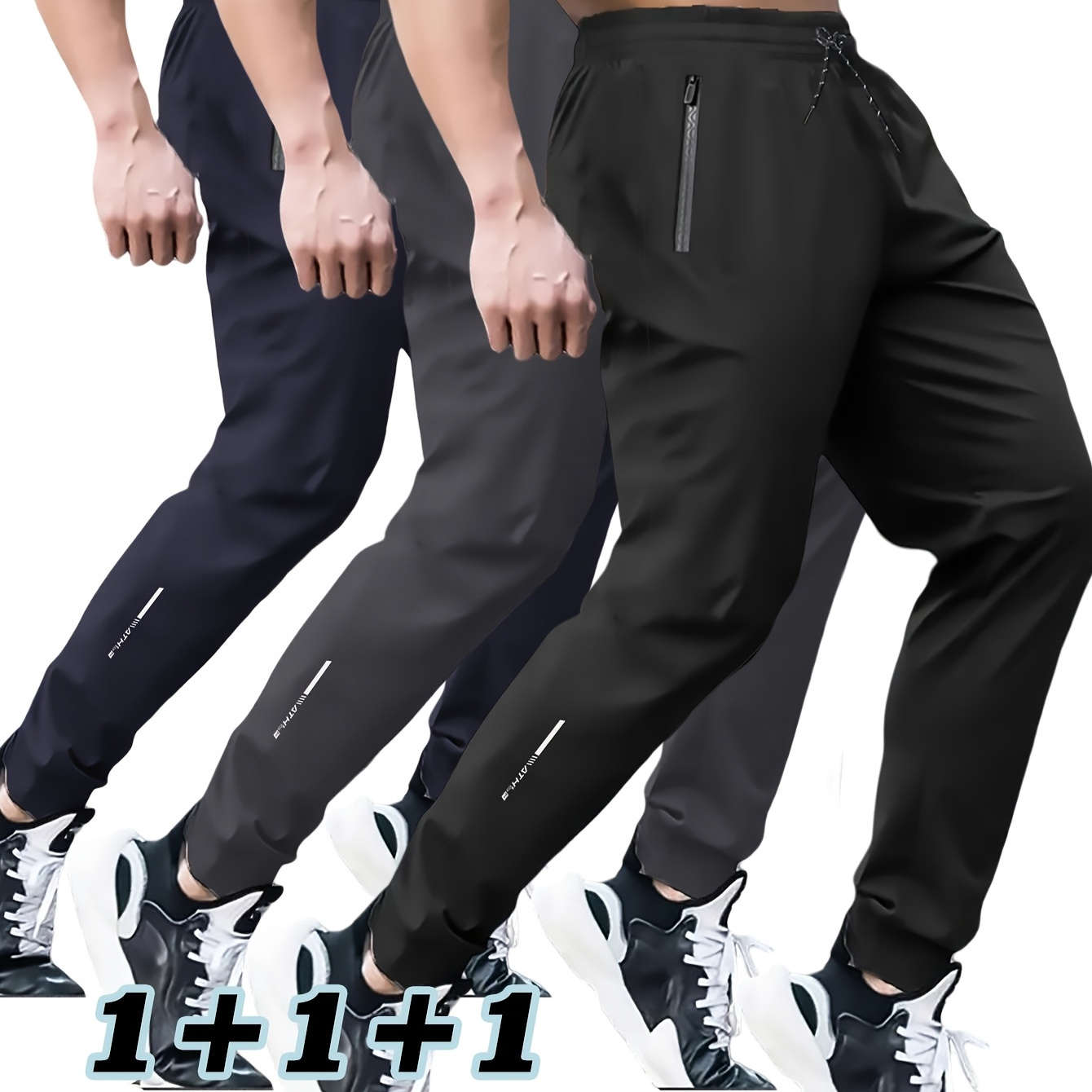 

3-pack Men's Casual Joggers, Polyester 95% Elastane 5% , Regular Fit, Zippered Ankle Cuffs, Fashionable Slim Fit Long Pants For Spring/fall, Woven Fabric, 120g/m² - Black