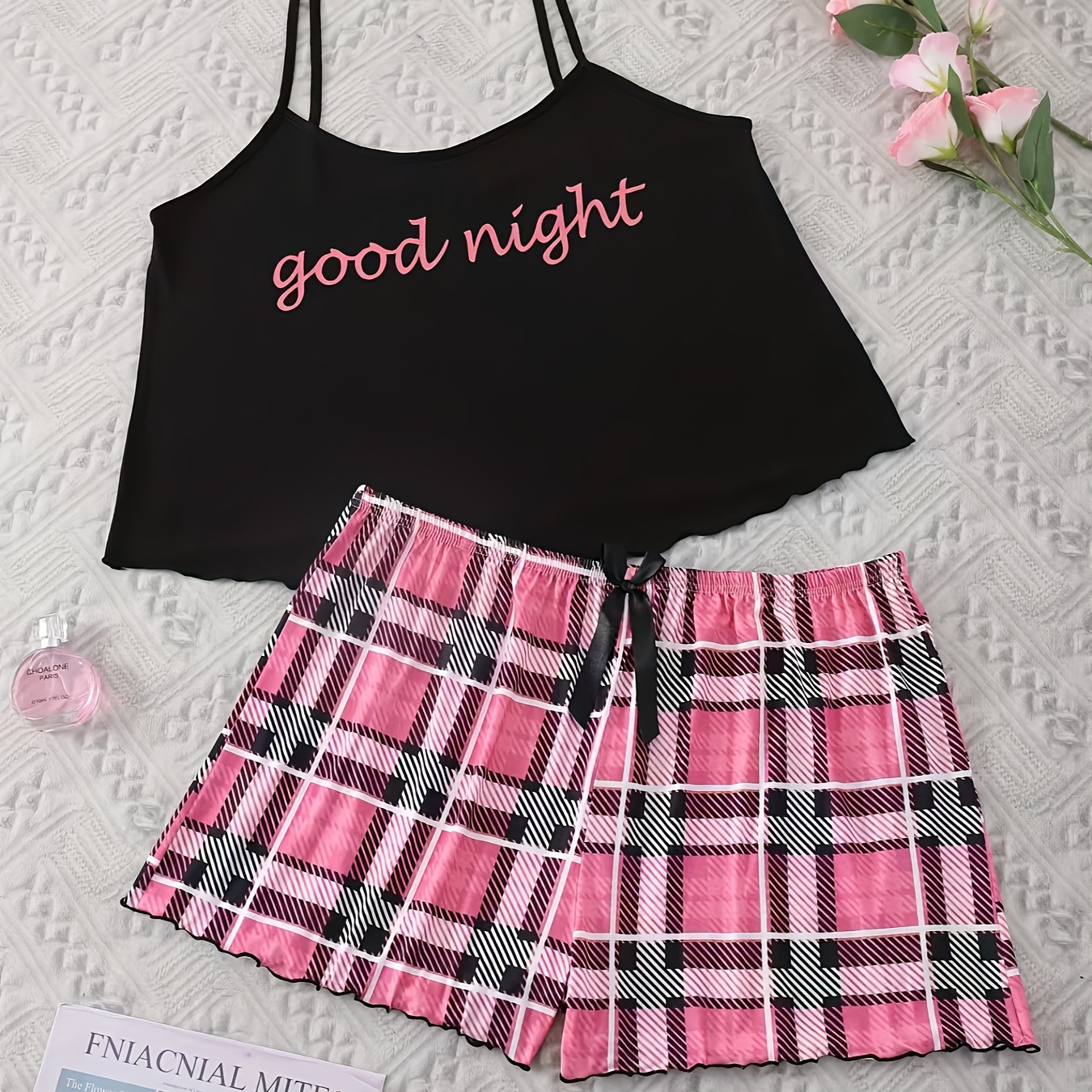 

Women's Plus Size Summer Pajama Set - " " Letter Print, Black Cami Top & Pink Shorts, Breathable Polyester , Casual Loose-fit Loungewear With Lettuce Hem Detail, Letter Print,