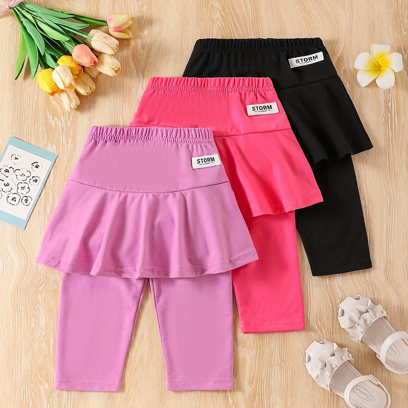 

Girls 3pcs/set Stretchy & Comfy Solid Colored Skorts For Spring & Summer, Culotte