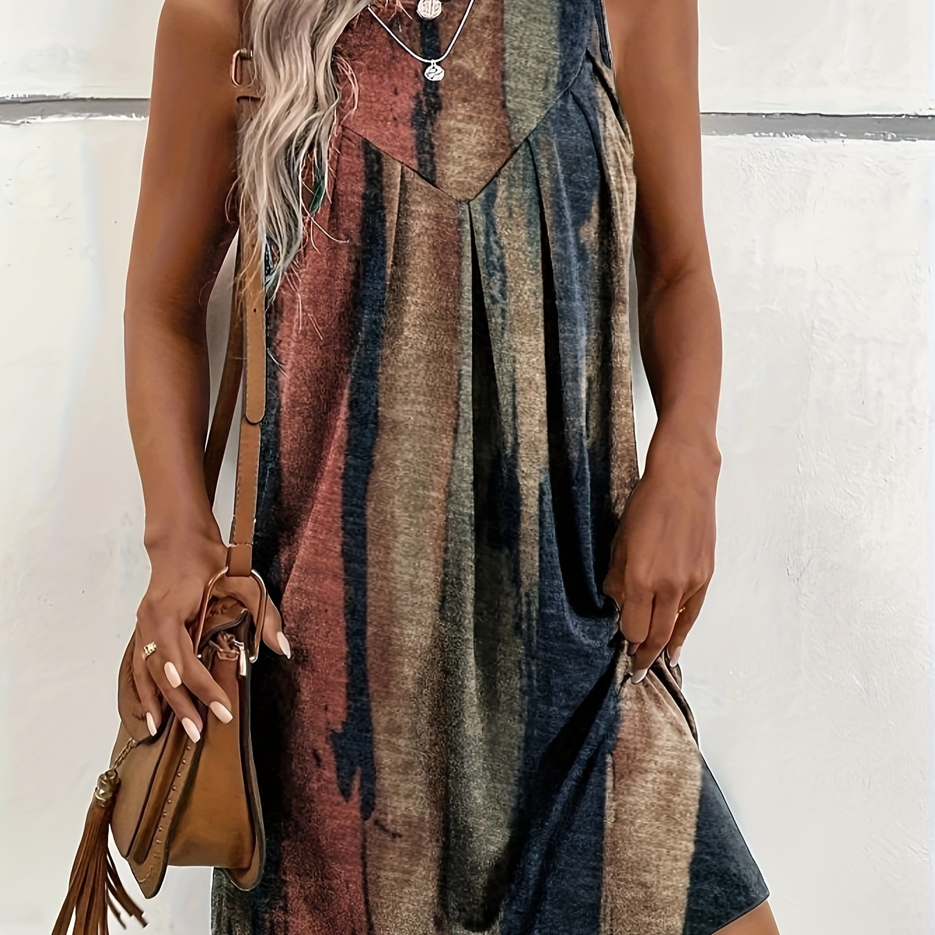

Plus Size Colorblock Stripe Print Tank Dress, Casual Crew Neck Sleeveless Dress, Women's Plus Size Clothing