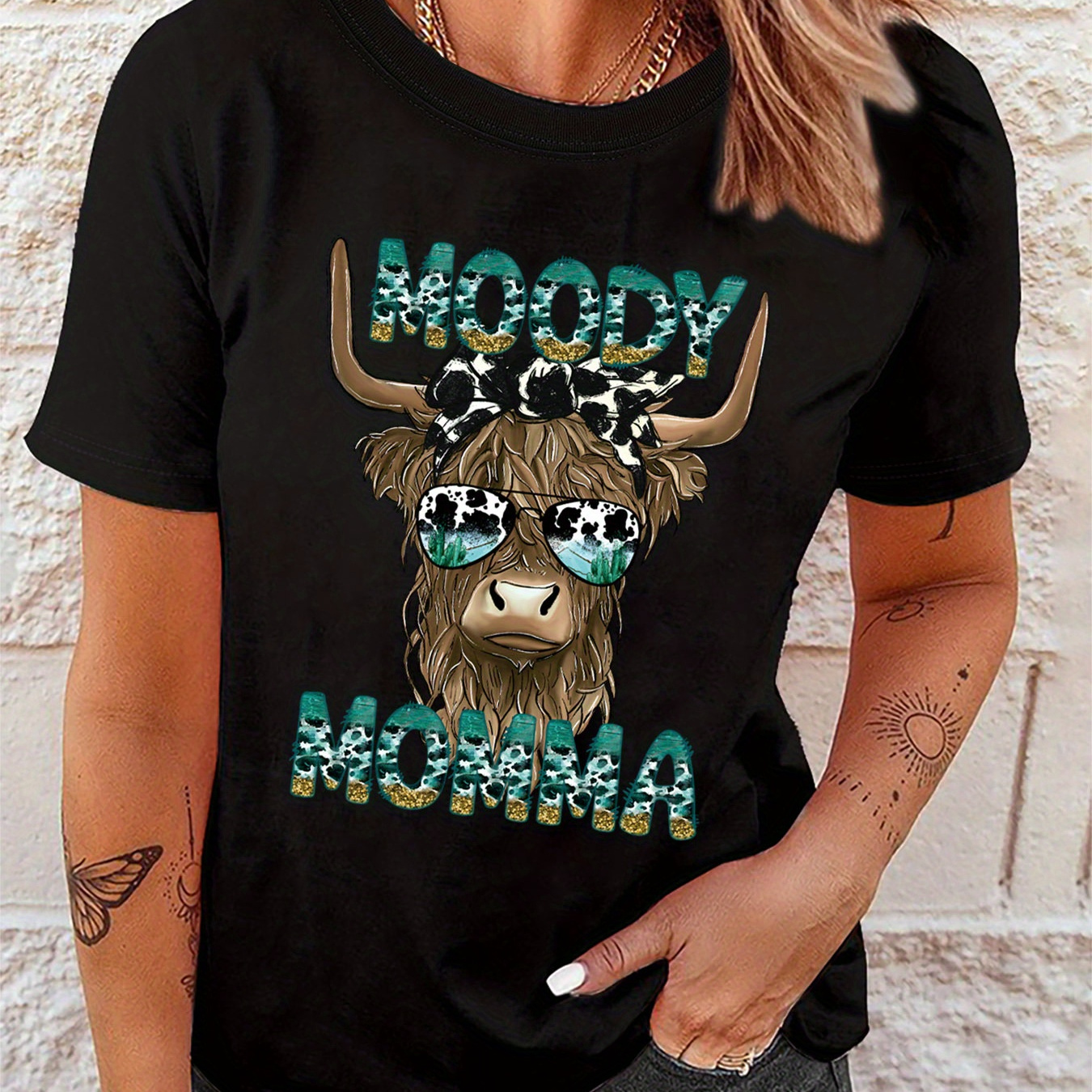 

Cow Head Print T-shirt, Short Sleeve Crew Neck Casual Top For Summer & Spring, Women's Clothing