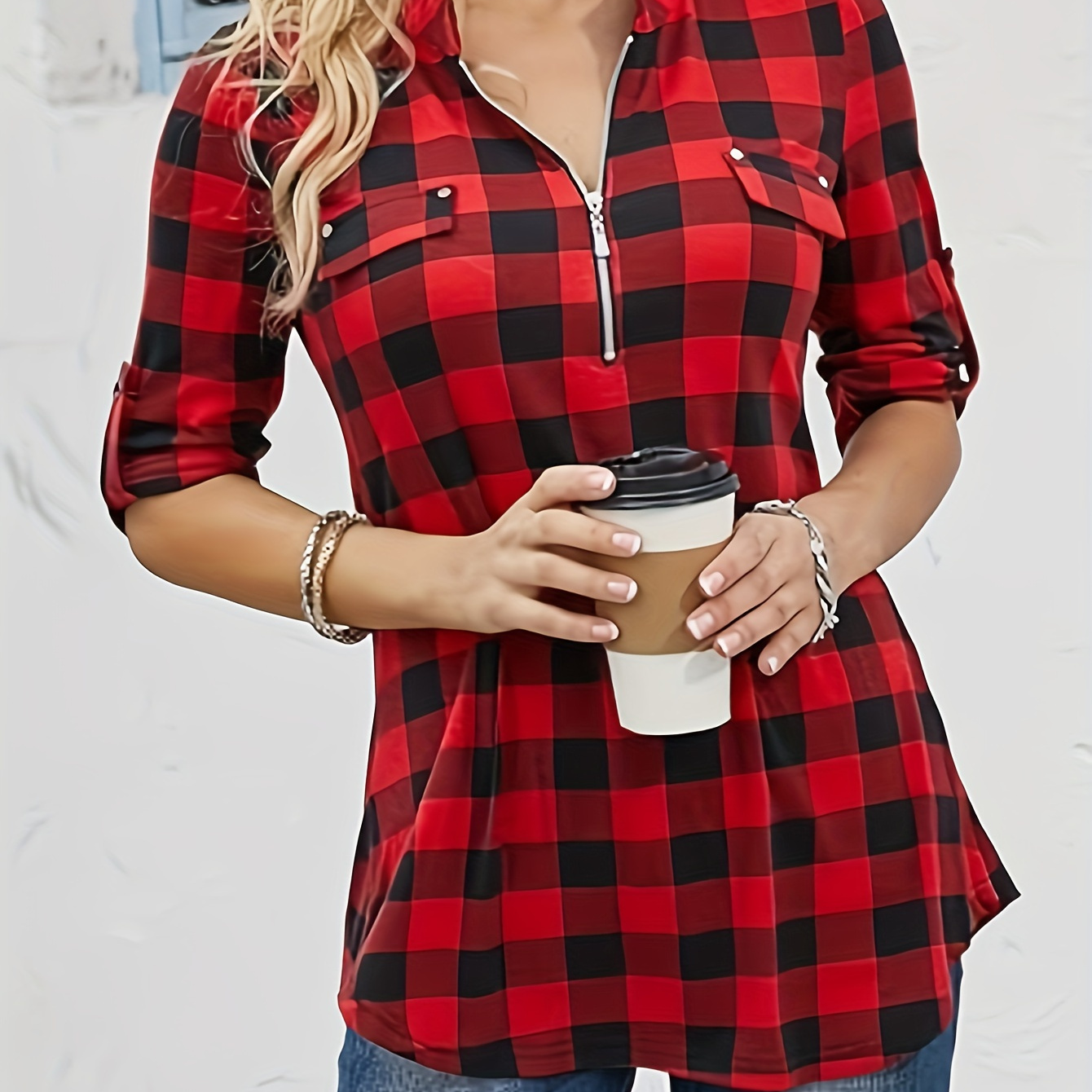 

Plaid Pattern Zipper Front Blouse, Casual 3/4 Sleeve Blouse For Spring & Fall, Women's Clothing
