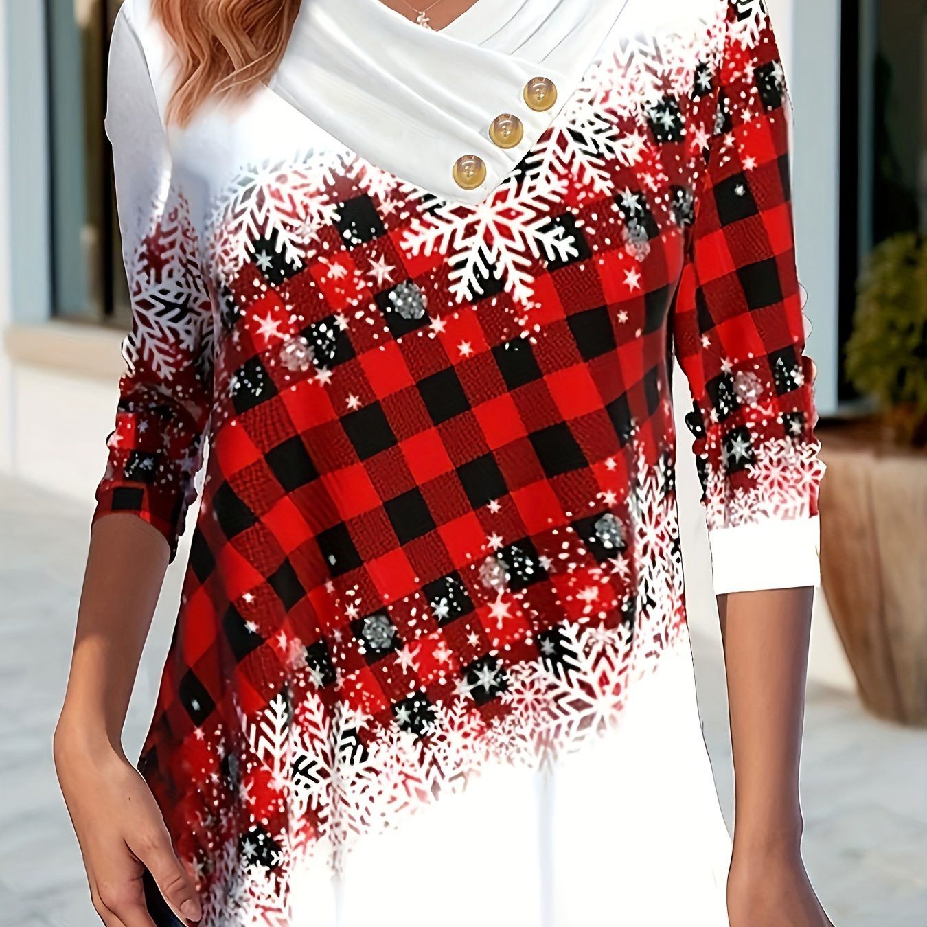 

Women's Elegant Polyester Knit Long Sleeve V-neck T-shirt With And Print For Spring/fall