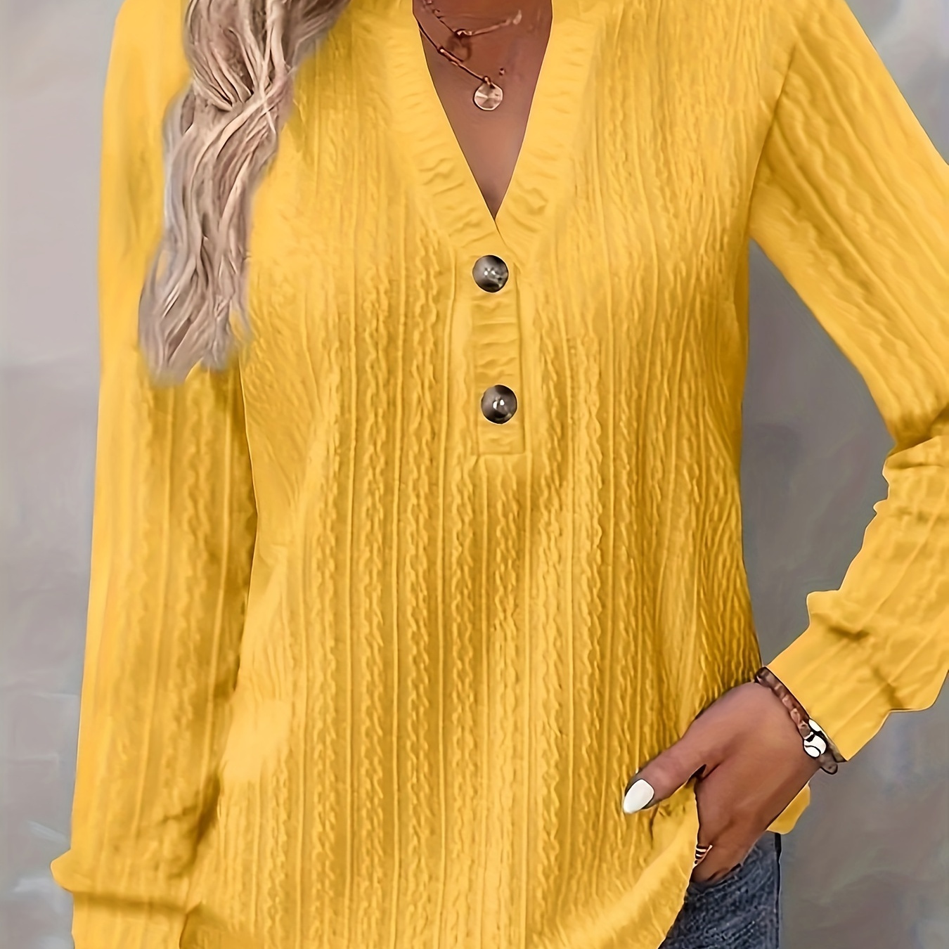 

Botton Front Notched Neck Sweater, Casual Long Sleeve Sweater For Fall & Winter, Women's Clothing