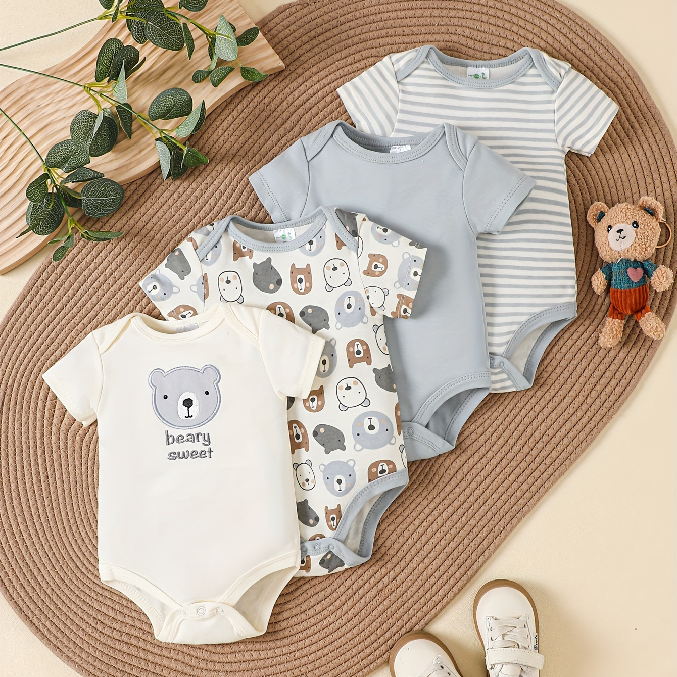 

4pcs Baby's Solid Color/cartoon Bear/stripe Pattern Casual Cotton Short Sleeve Triangle Bodysuit, Toddler & Infant Boy's Onesie