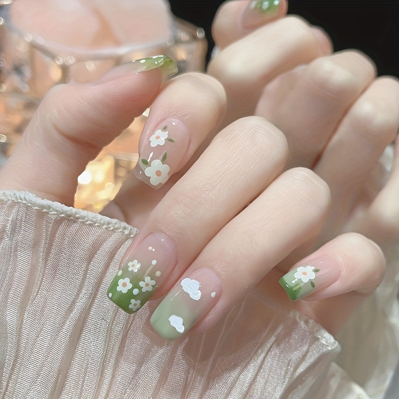 

24 Pcs Flower Press On Nails Medium Length Green Glossy Almond Fake Nails Acrylic False Nails Full Cover Floral Design Artificial Finger Nails Tips Manicure Glue On Nails For Women & Girls For Easter