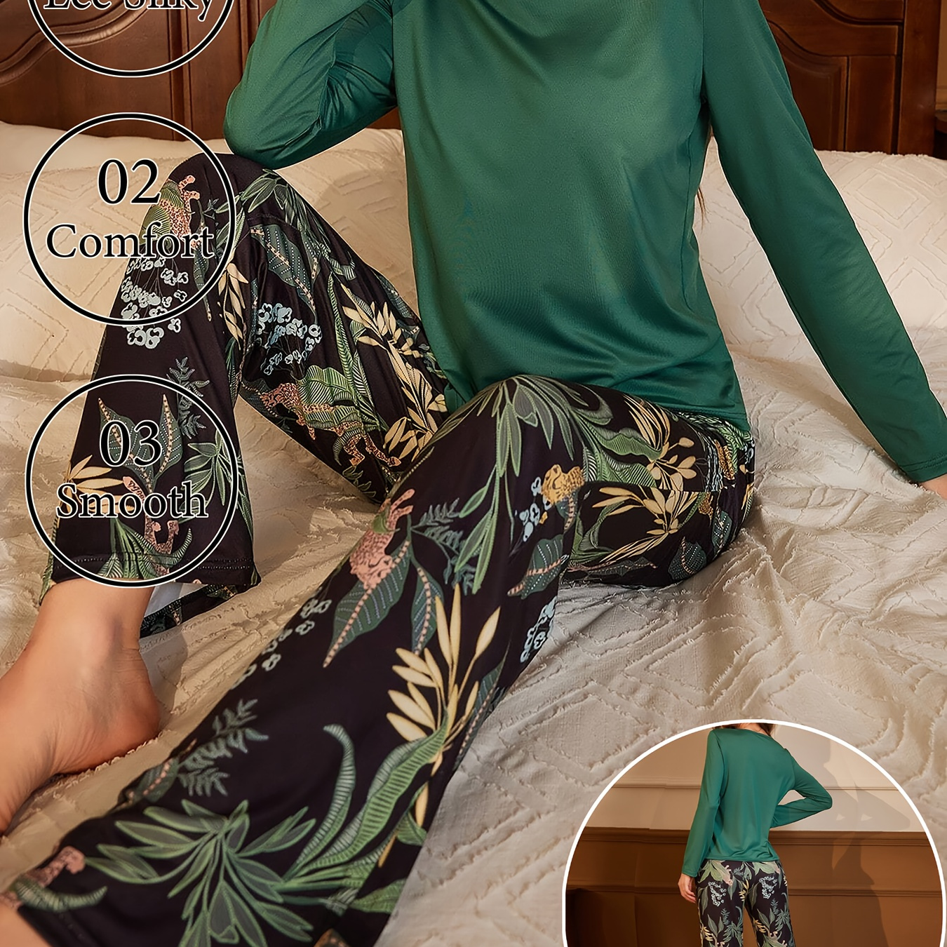 

1 Set Women's Tropical Print Long Sleeve Pajama Set, Polyester Knit Pullover Top With Waist Pants, Round Neck, Comfortable Loose Fit Sleepwear For Adults, Autumn/winter Collection