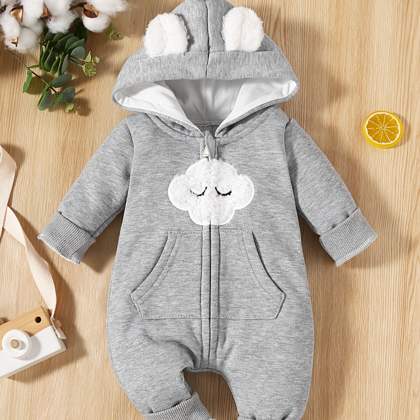 

Infant Baby Cute Cloud Graphic Bunny Shape Hooded Zipper Bodysuit Fall Winter Outwear Warm Jumpsuit