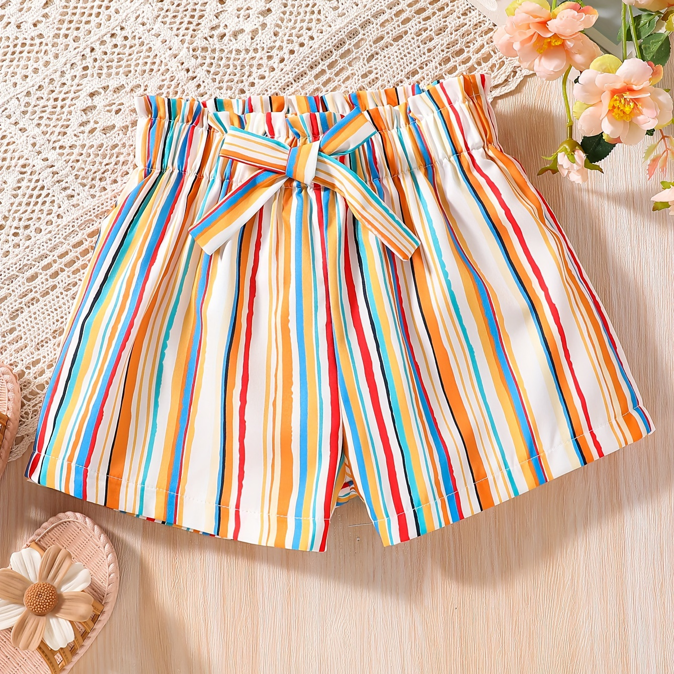 

Girls Colorful Striped Knot Front Paperbag Waist Belted Shorts Kids Summer Clothes