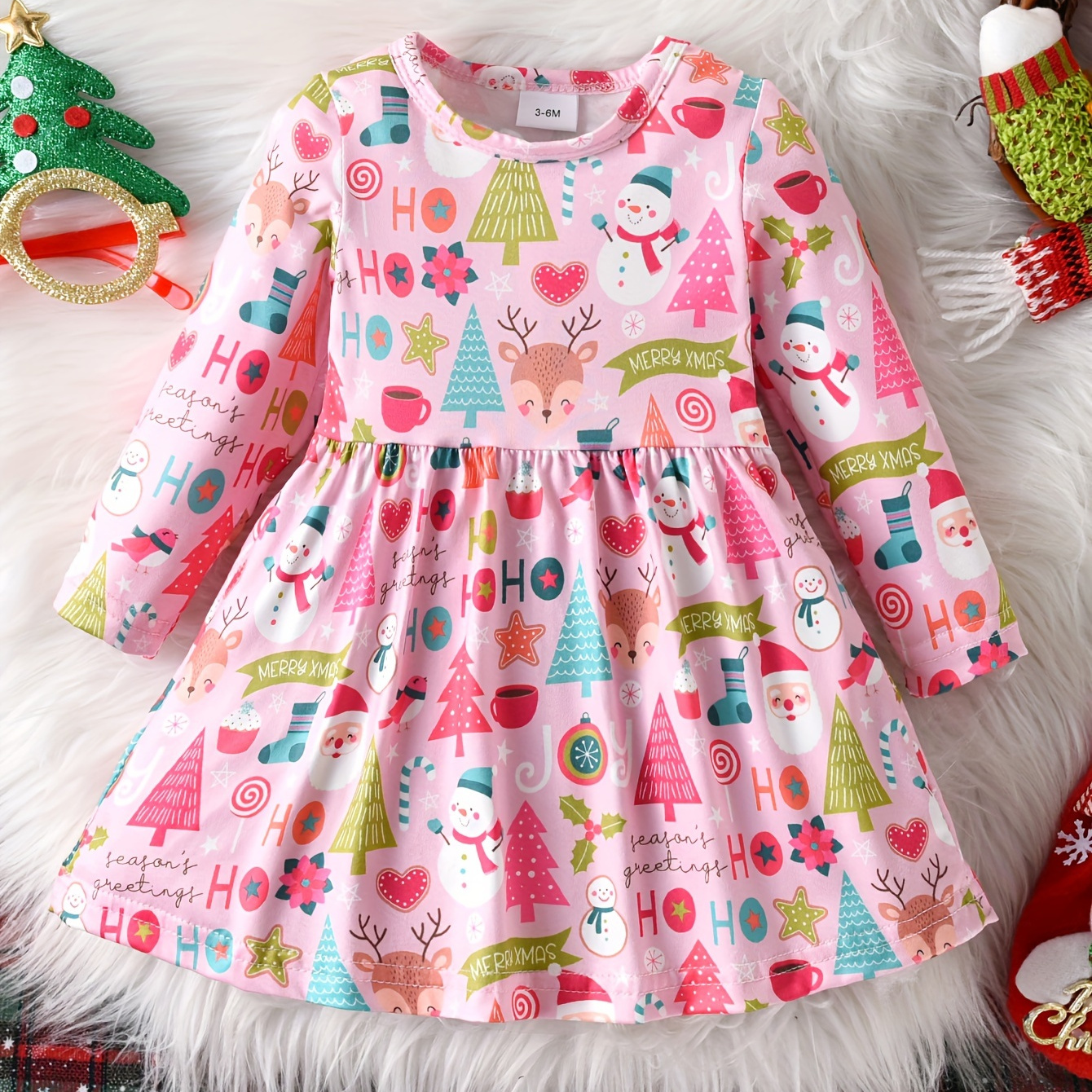 

Fashionable & Cute Cute Pattern Print Allover Christmas Long Sleeve Dress For Baby Girls