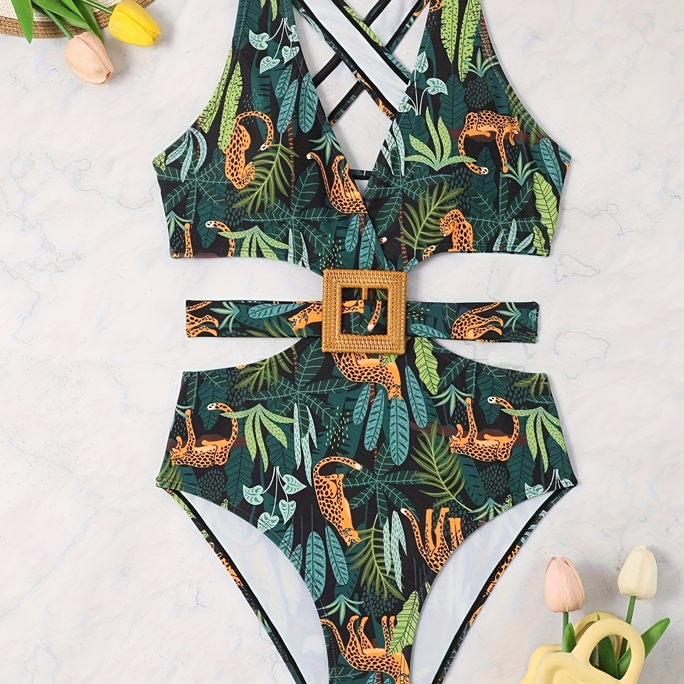 

Leopard Jungle Print Square Belt Decor One-piece Swimsuit, Cut Out Criss Cross Stretchy Bathing Suits, Women's Swimwear & Clothing