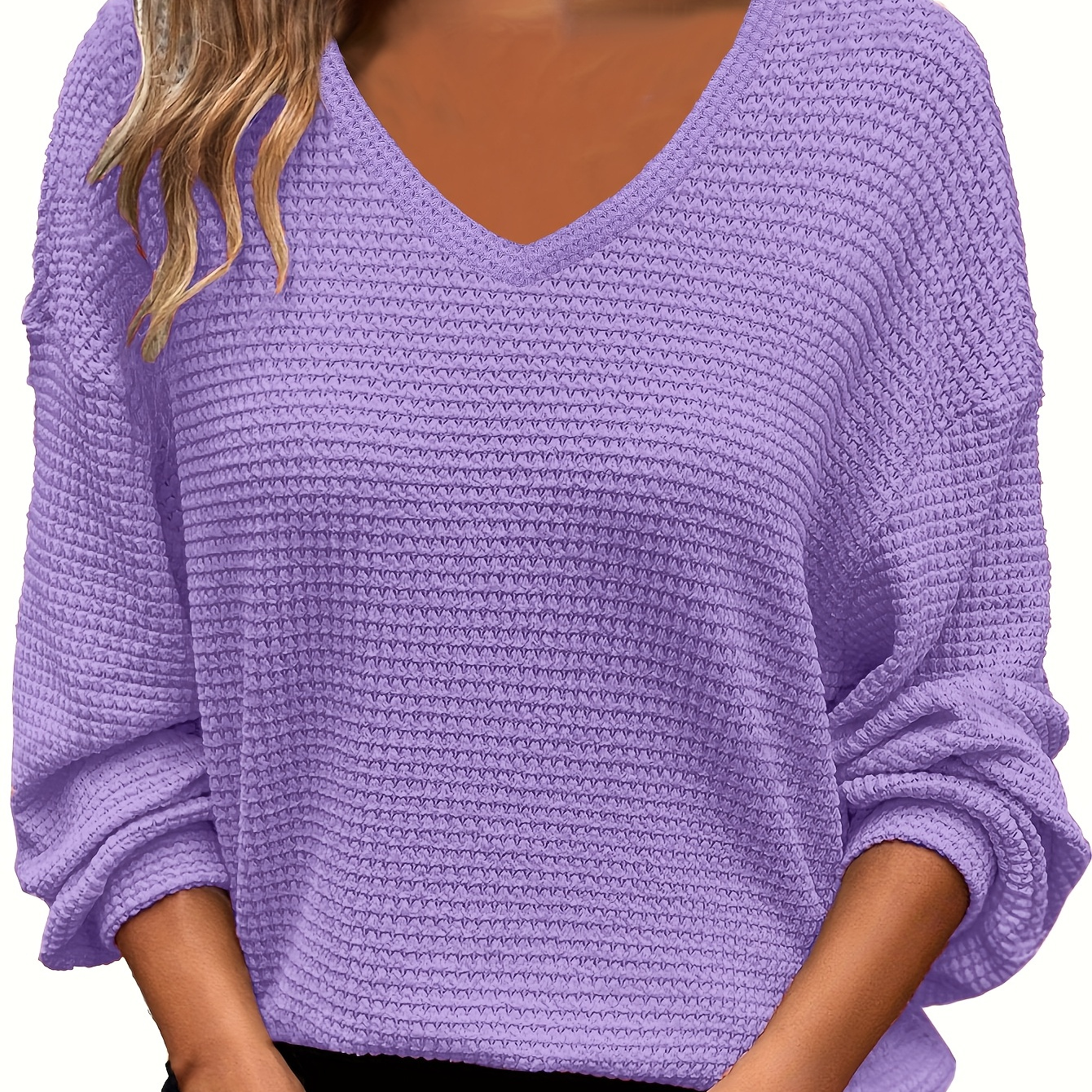 

Plus Size Casual V-neck Sweatshirt, Polyester Knit Pullover, Solid Color, Medium Stretch, For Spring/fall