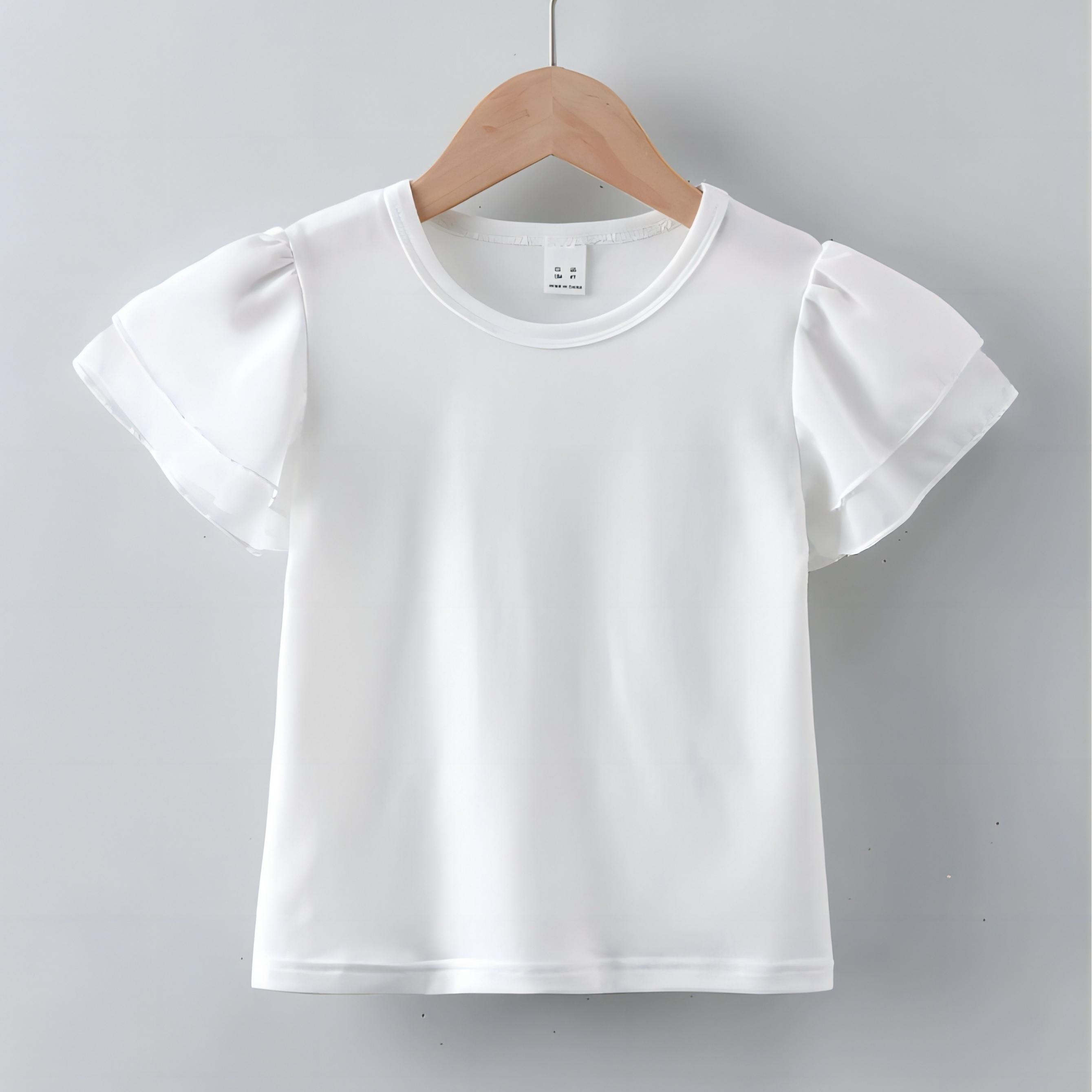 

Girls' Elegant White Chiffon Sleeve T-shirt, Round Neck Casual Top, Stylish Summer Tee For Kids