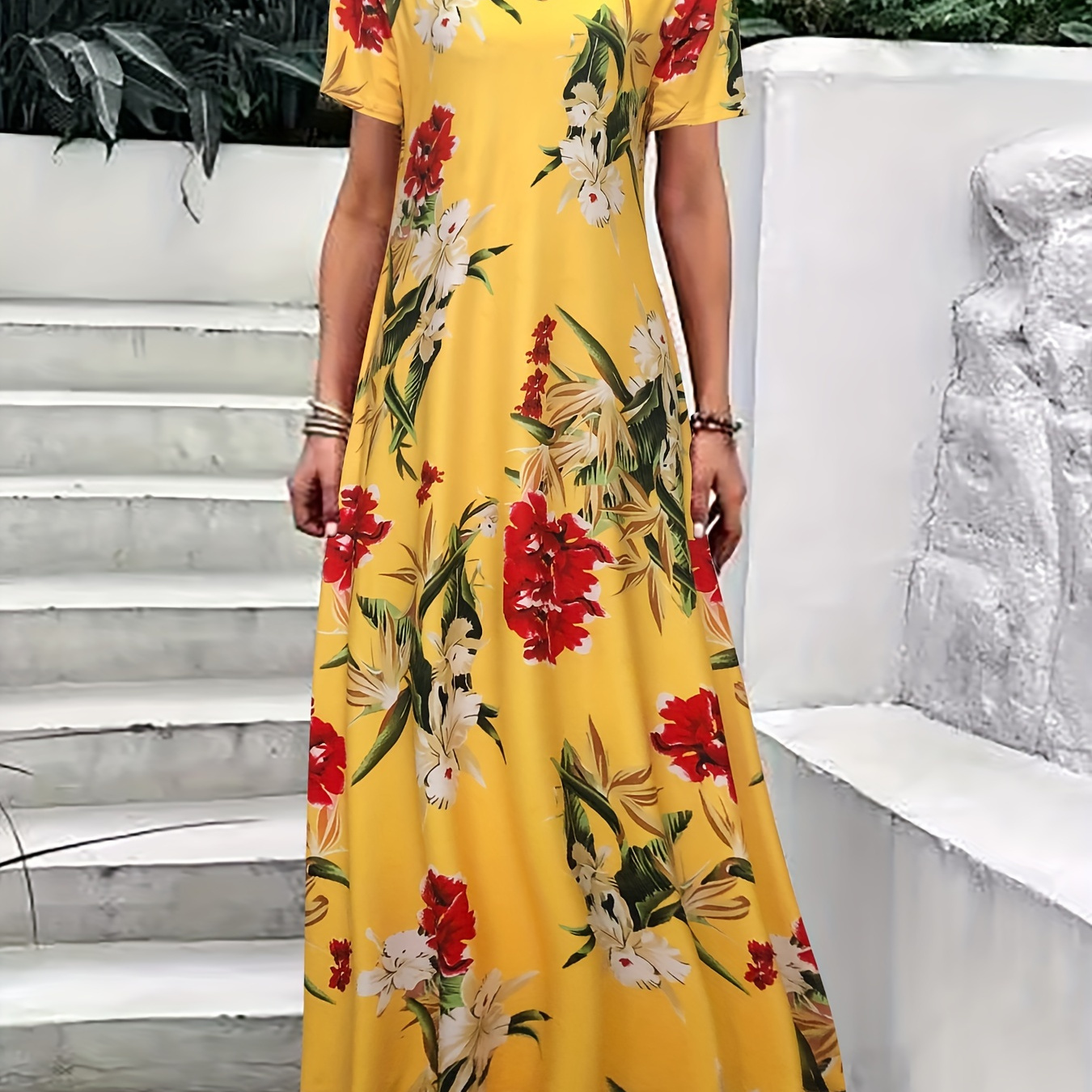 

Tropical Floral Print Maxi Dress, Vacation Short Sleeve V-neck Dress, Women's Clothing
