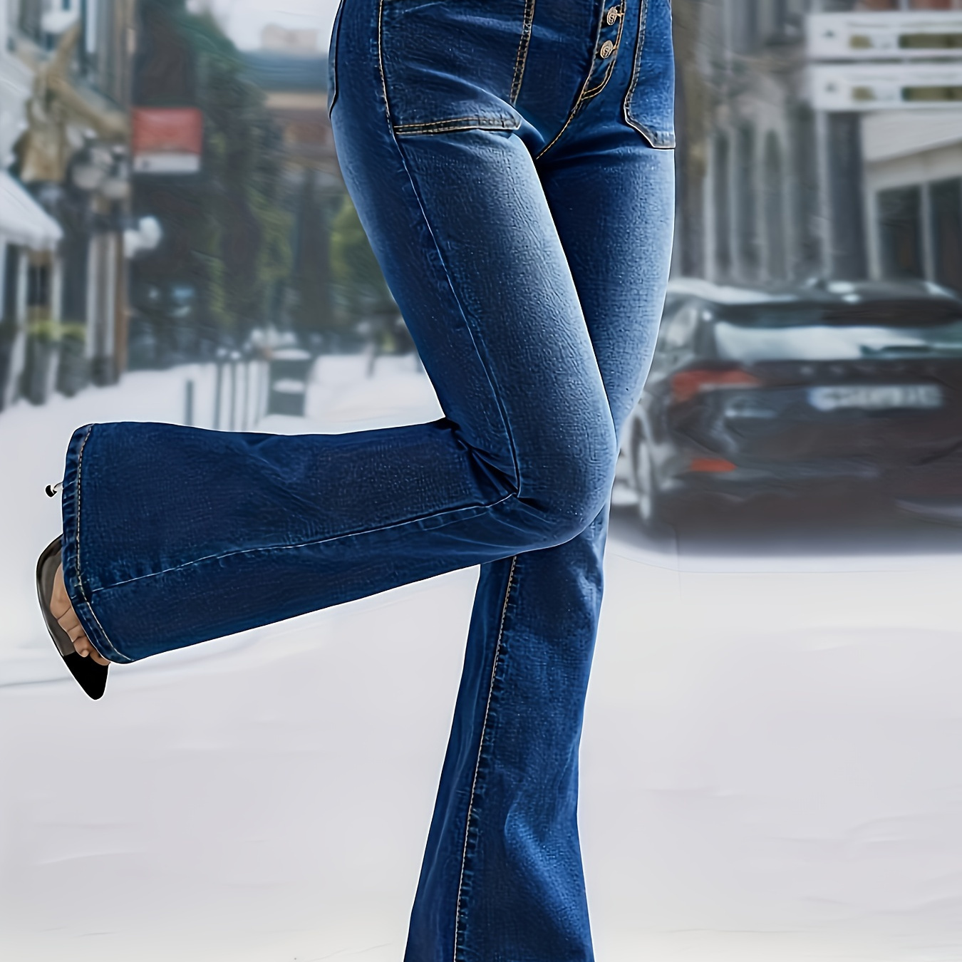 Jeans Acampanados De Cintura Alta * Pantalones De Mezclilla Con Bolsillos  Oblicuos Y Botón De Campana En La Parte Inferior, Jeans Y Ropa De Mezcli
