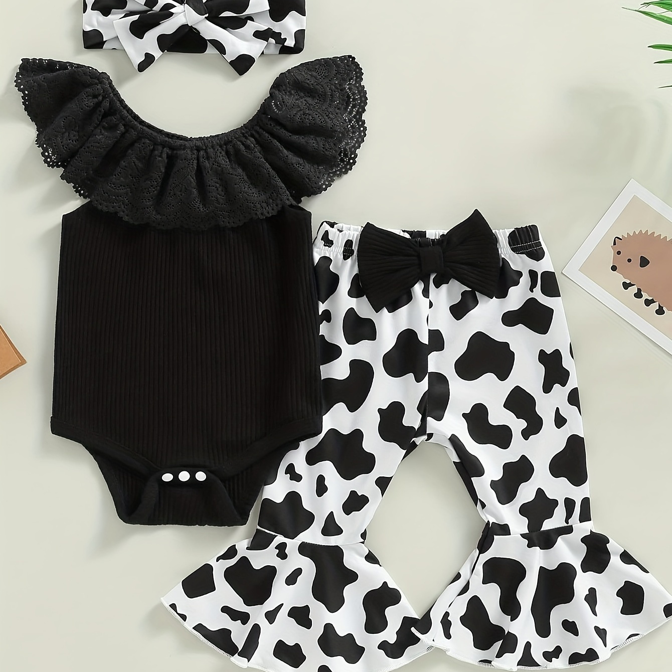 

3pcs Baby Girls Casual Sleeveless Onesie & Flared Pants & Headband Set Clothes, Coquette Style