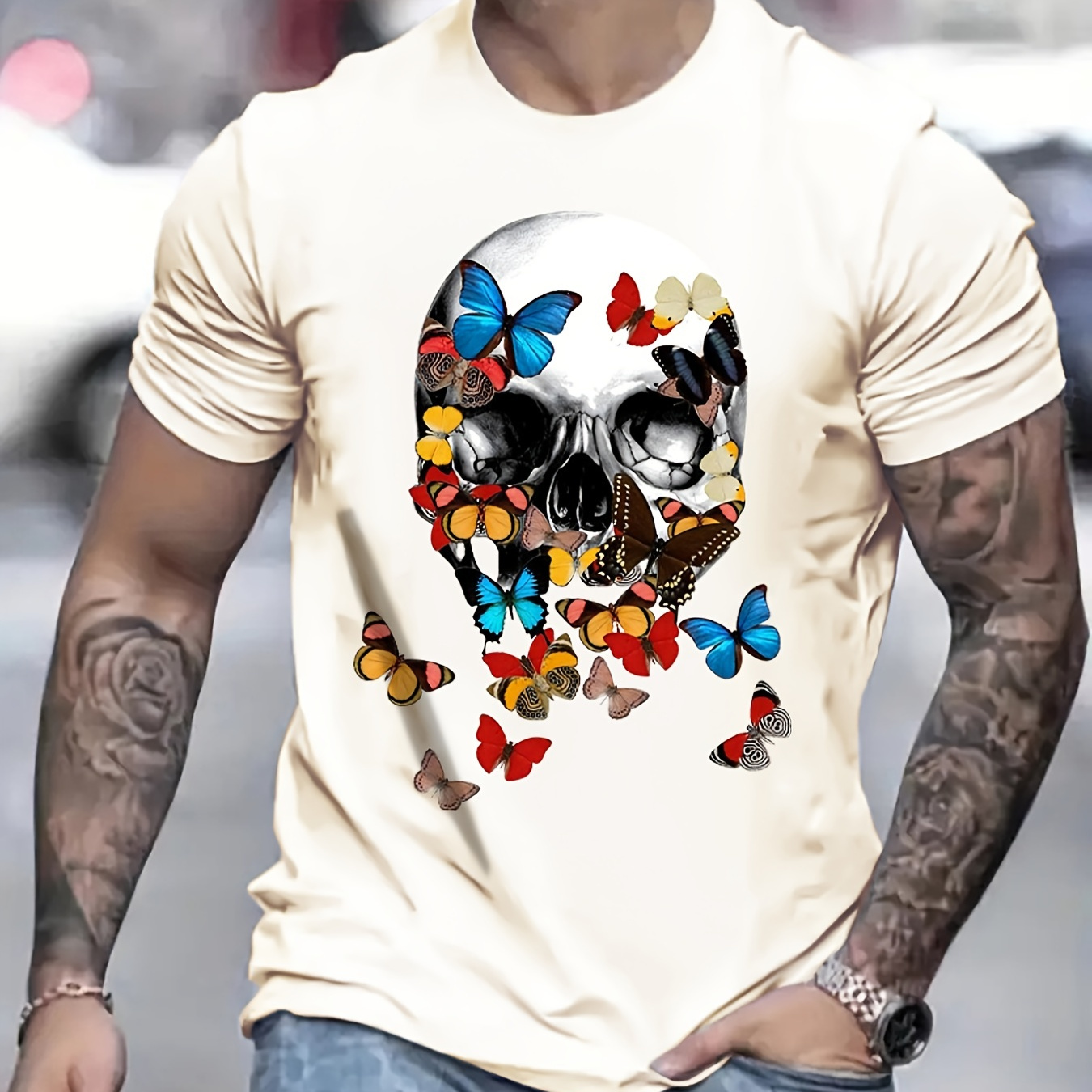 

Butterfly & Skull Print Men's T-shirt, Crew Neck Short Sleeve Tops, Graphic Tee Men's Summer Clothes, Men's Outfits