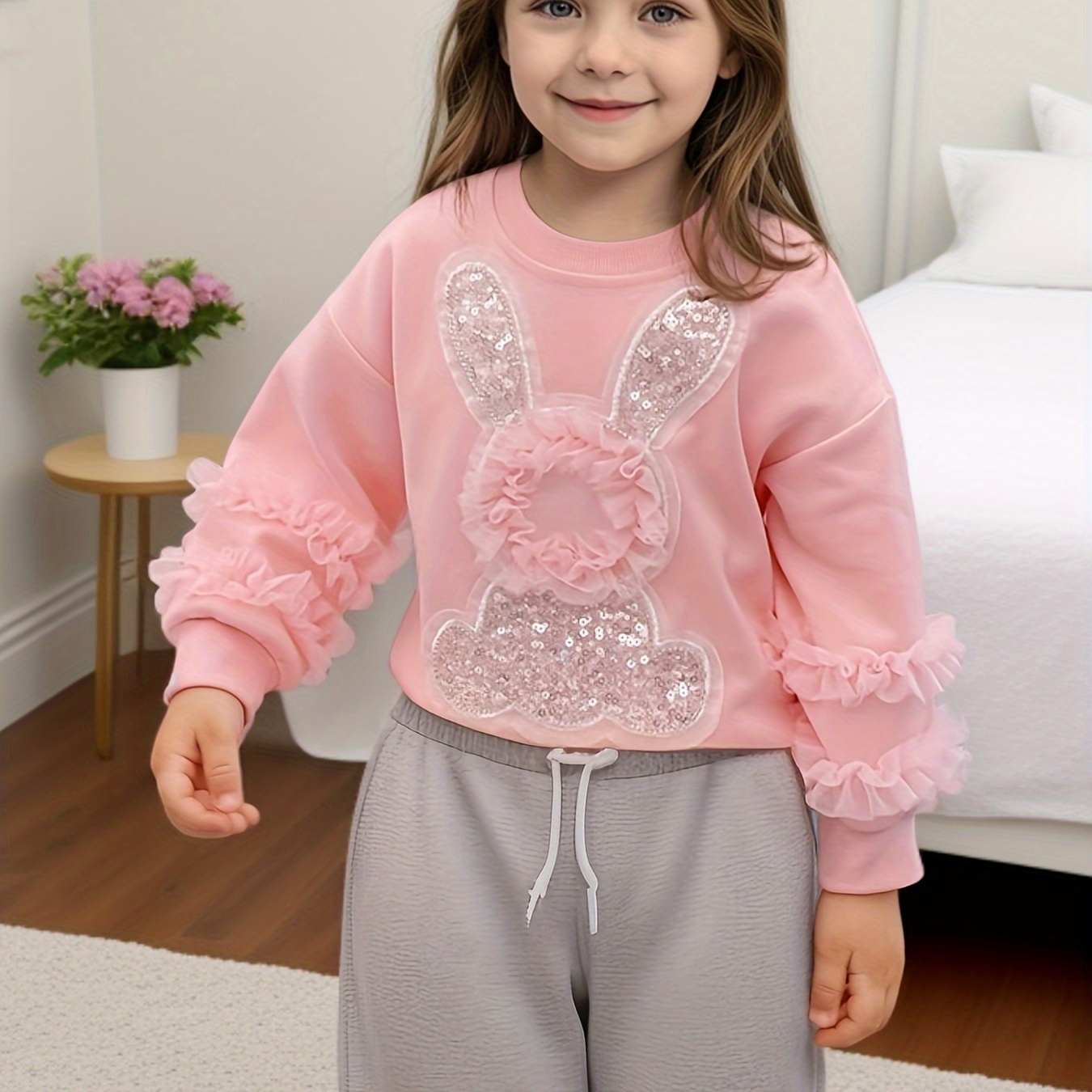 

Girls Stylish & Well Designed Long Sleeve Mesh Ruffle Trim Sequin Rabbit Sweatshirt For Spring & Fall