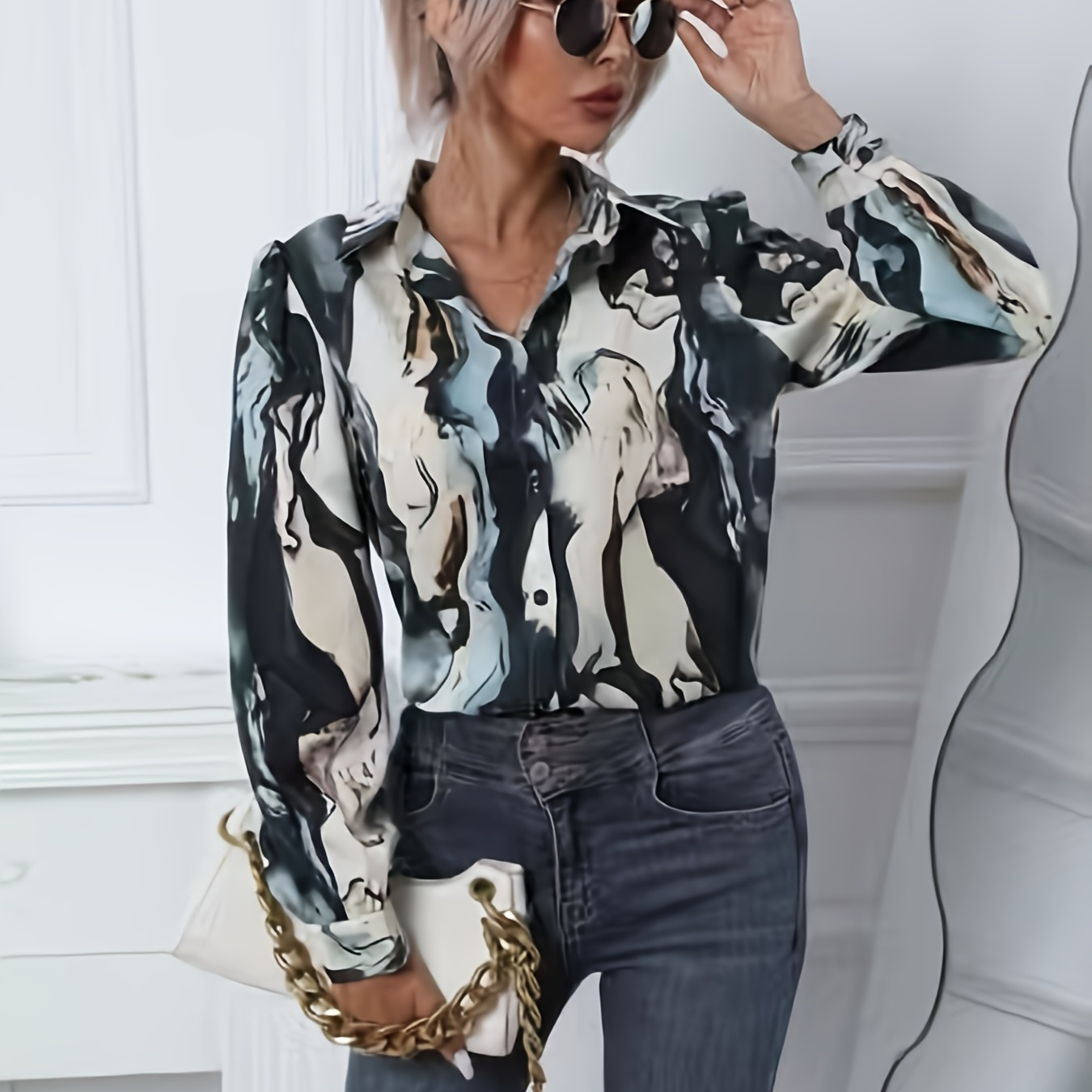 Print Round Neck Blouse Women s Loose Printed Summer Retro Neck Blouse 