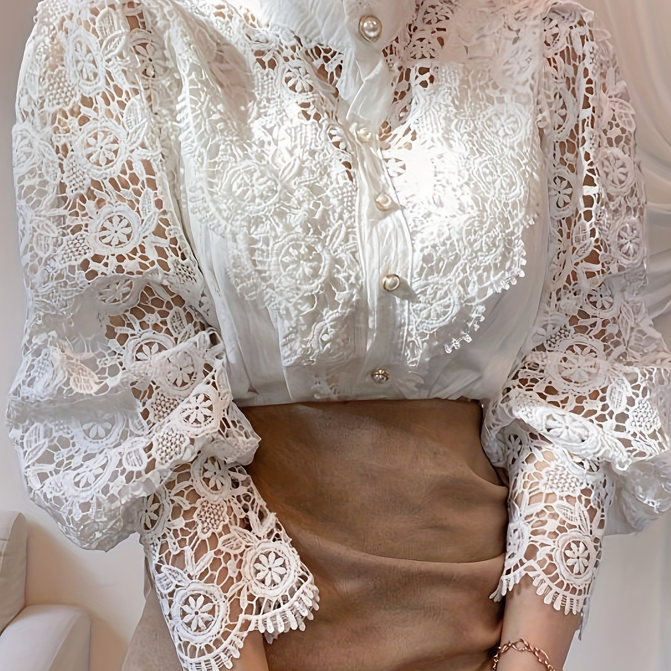 

Solid Lace Beaded Button Blouse, Elegant Lantern Sleeve Hollow Out Blouse For Spring & Fall, Women's Clothing