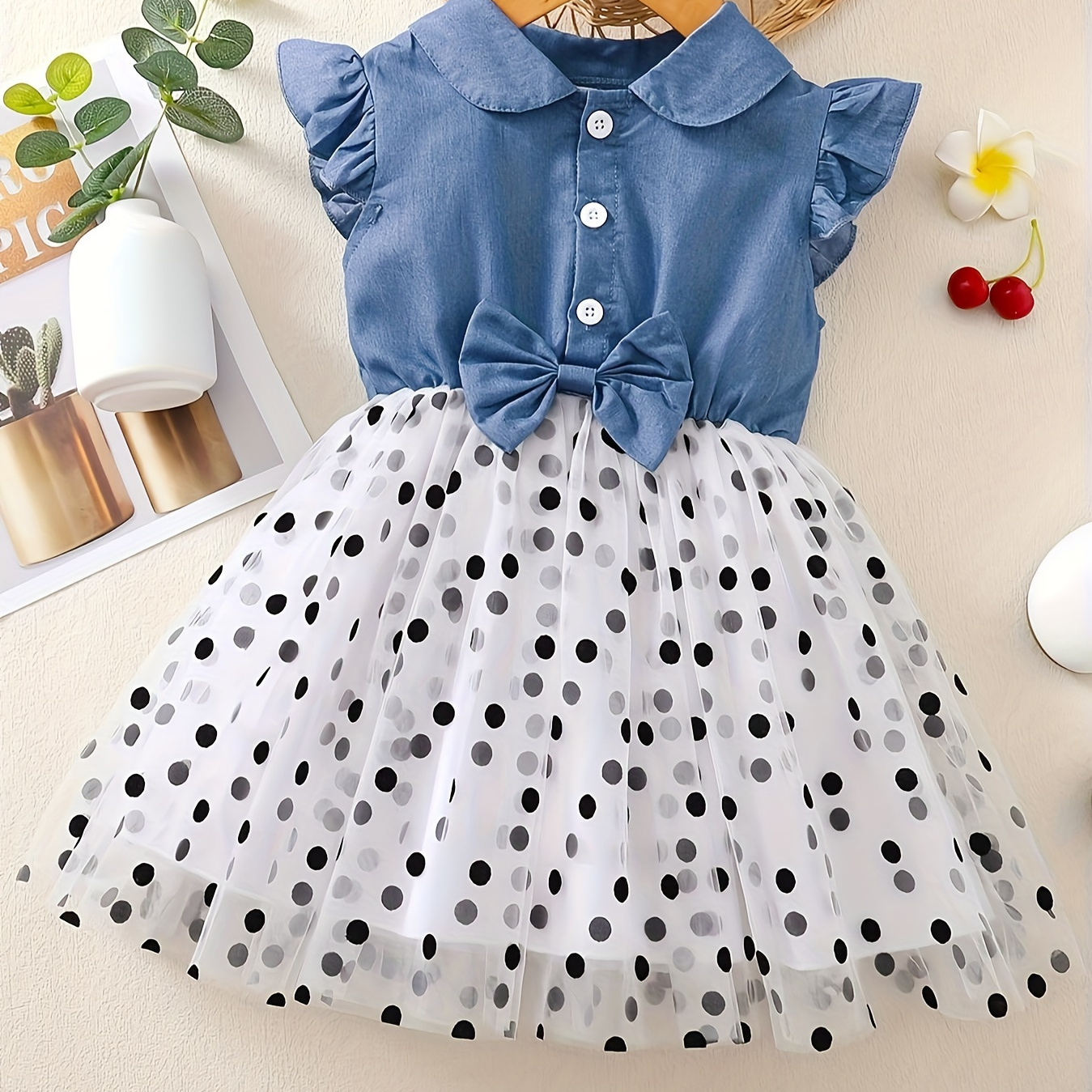 

100% Cotton Girls Comfy Imitation Denim Print Button Decor Mesh Dress Bow Decor Dresses For Summer Party