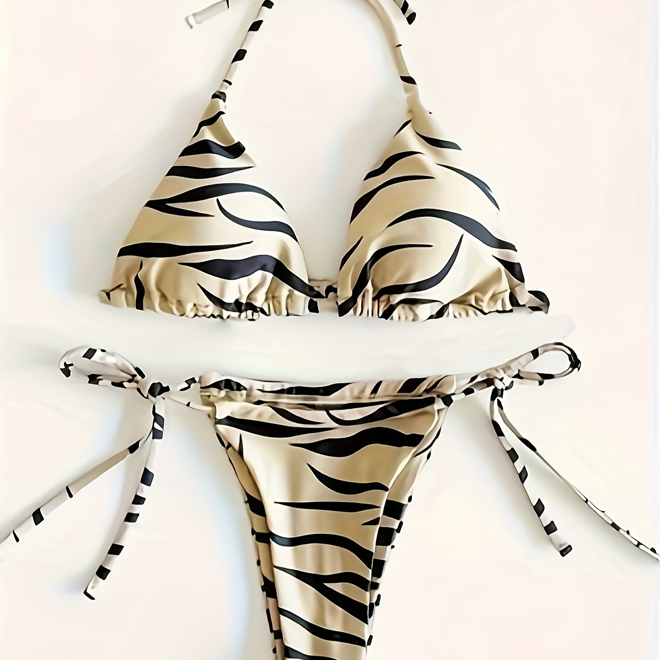 

Zebra Print Triangle Halter Tie Strap Backless 2 Piece Set Bikini Swimsuits, Women's Swimwear & Clothing