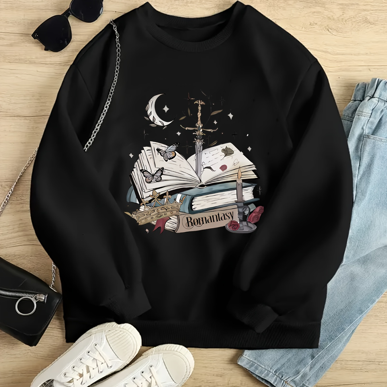 

Sweat-shirt à manches longues et col rond en peluche pour femme, imprimé graphique simple de livres, vêtements de sport décontractés pour femmes