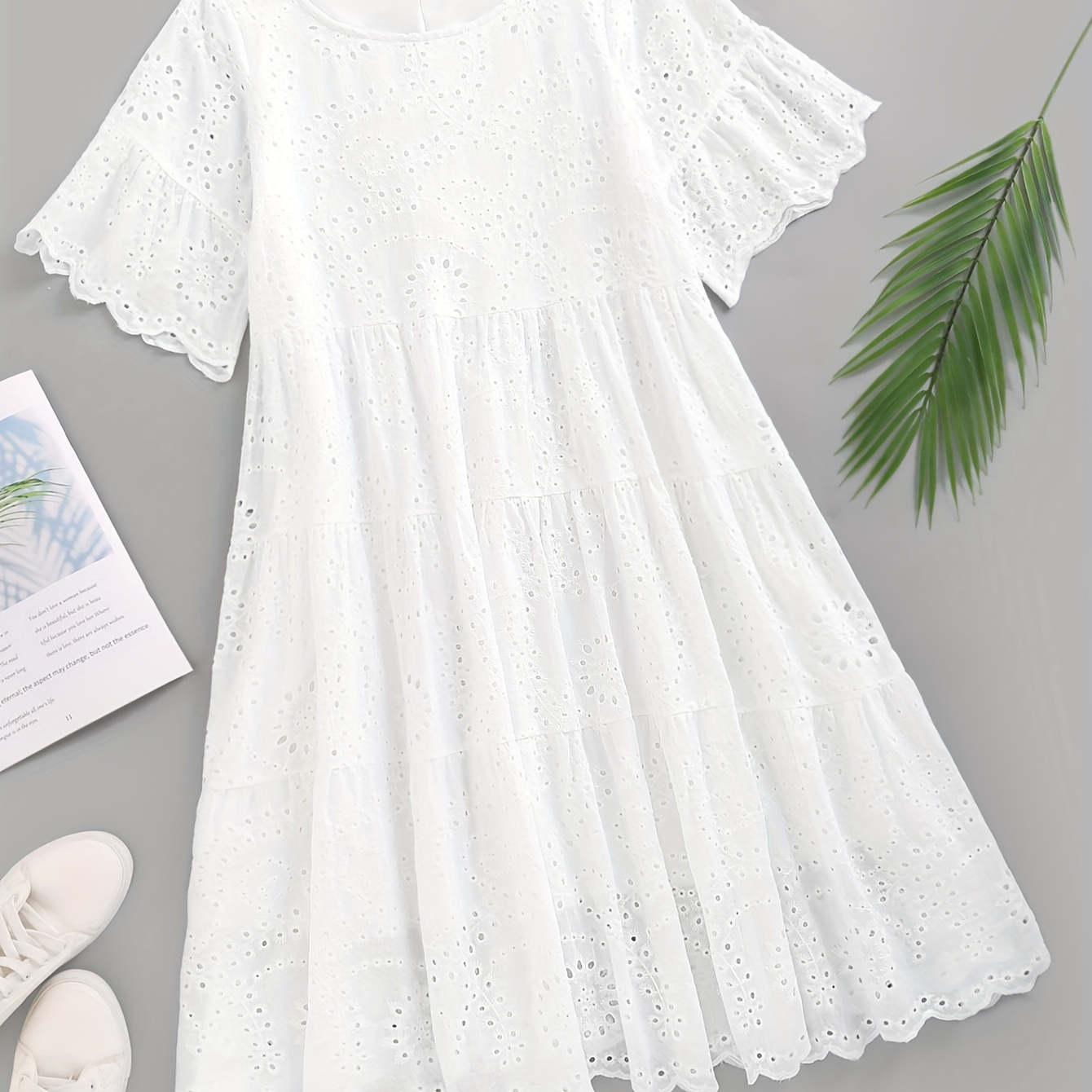 

Eyelet Embroidered Tiered Dress, Vacation Flared Short Sleeve Scallop Trim Crew Neck Dress, Women's Clothing