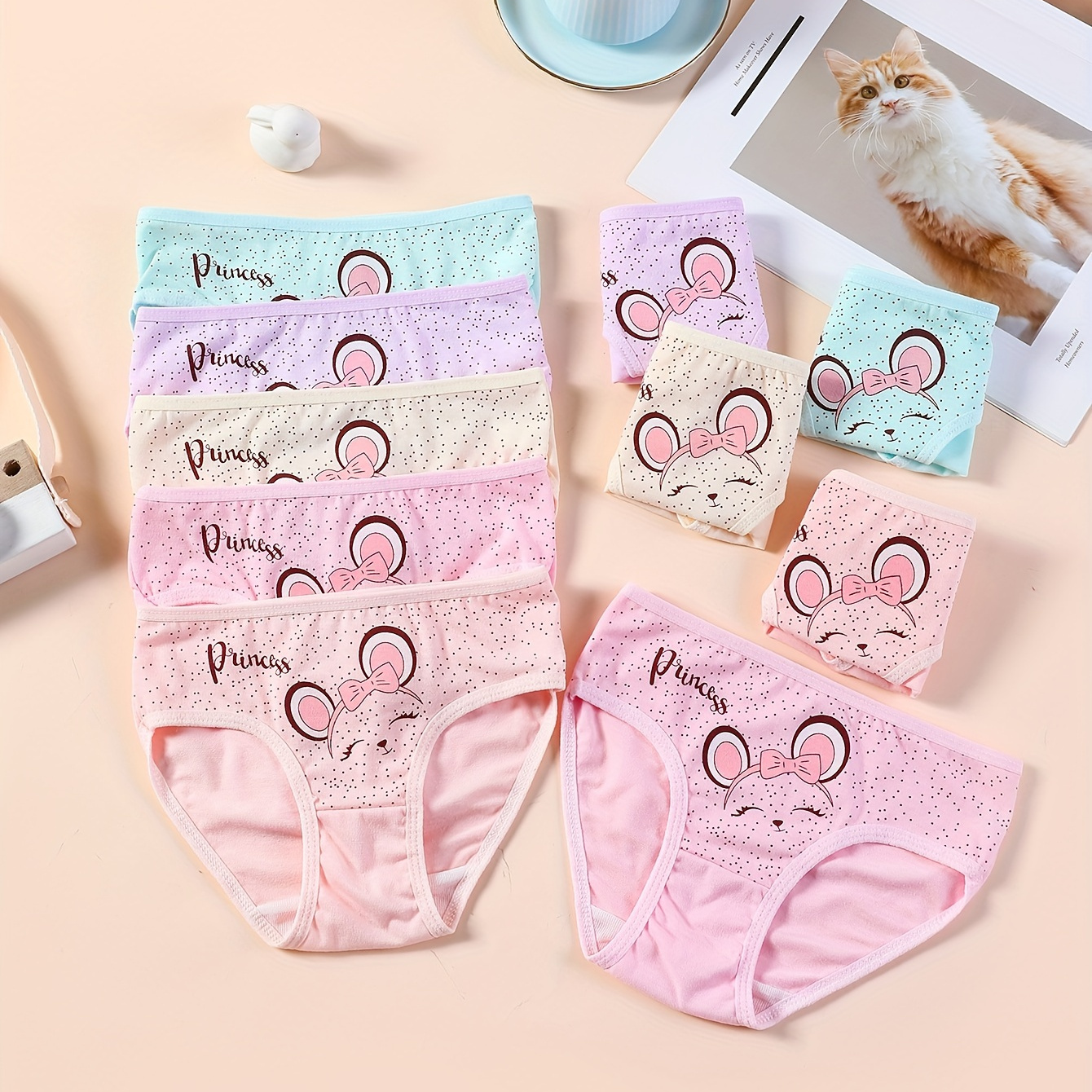 

10pcs Girls Briefs Cartoon Print Mixed Colors Elastic Waist Soft Comfortable Breathable Underwear For Kids