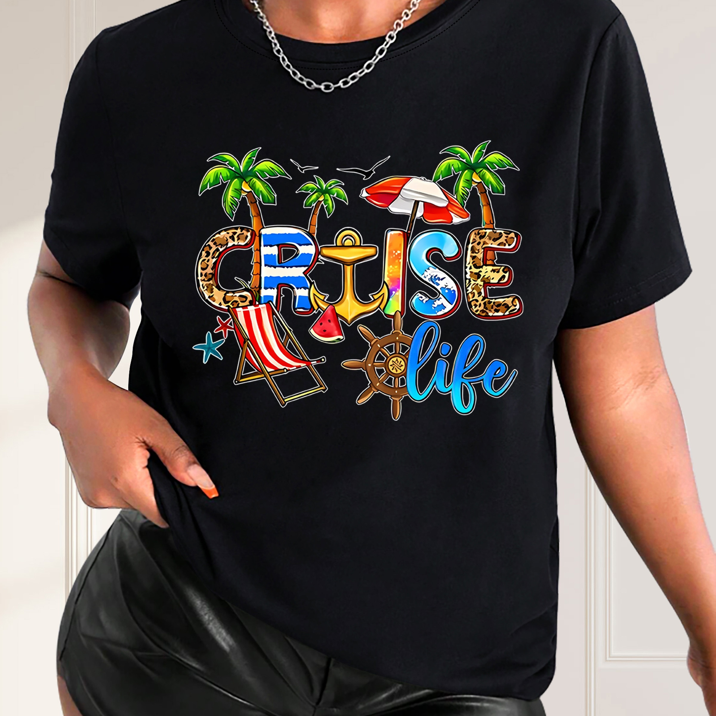 

Beach Coconut Tree Cruise Graphic Short Sleeves Sports Tee, Round Neck Workout Causal T-shirt Top, Women's Activewear