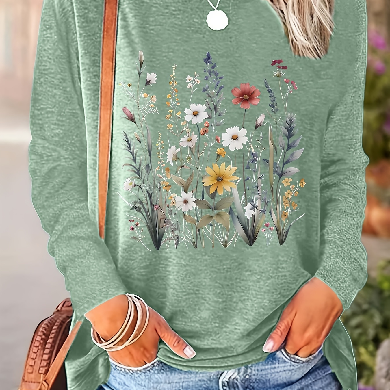 

1pc Women's Floral Print Long Sleeve T-shirt, Casual Round Neck Loose Fit Top, Polyester Knit Fabric, Spring/autumn Fashion