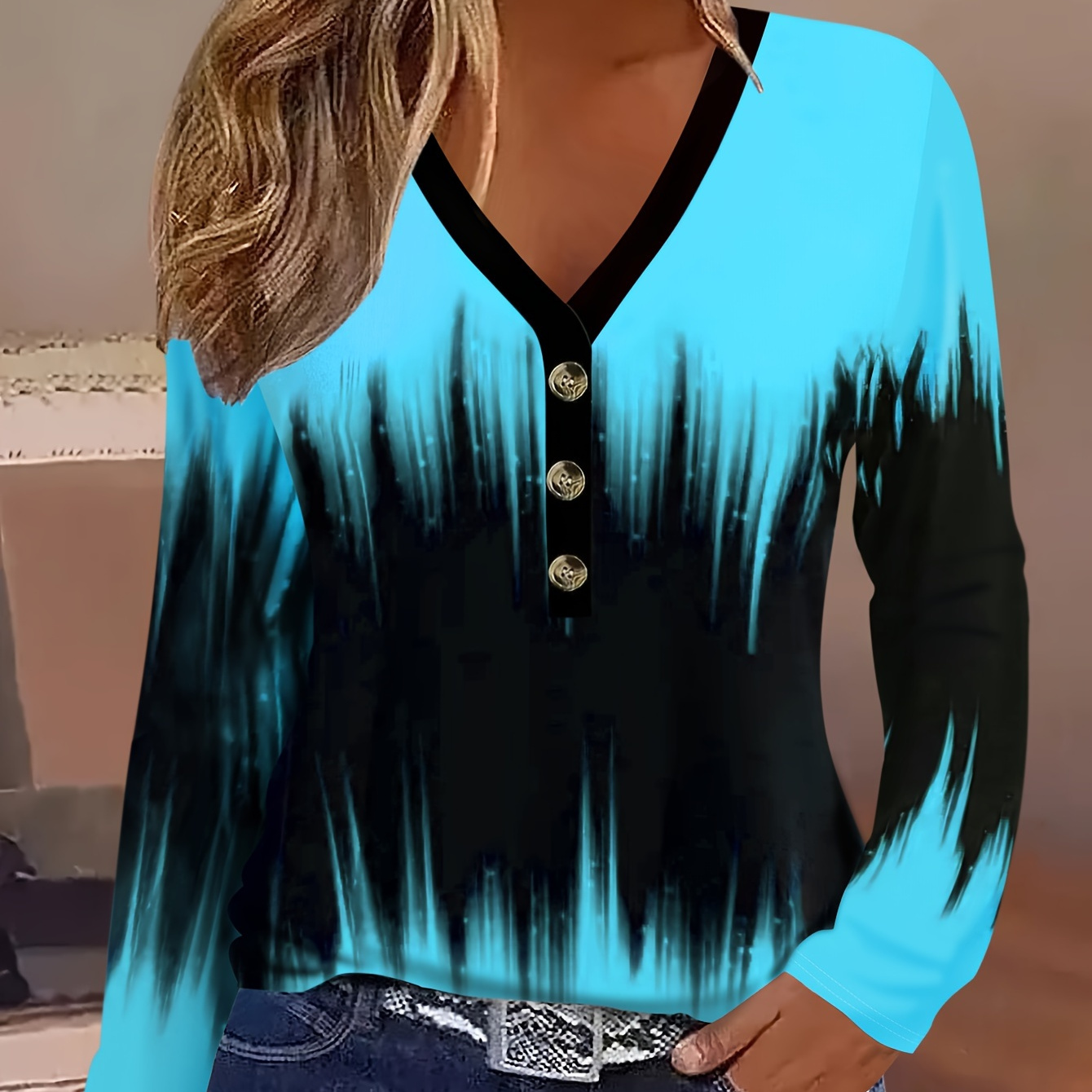 

Colorblock Print V Neck T-shirt, Casual Long Sleeve Top For Spring & Fall, Women's Clothing