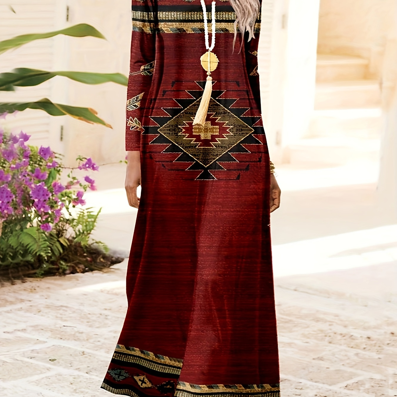 

Ethnic Style Print Loose Maxi Dress, Vintage Long Sleeve Dress Spring & Fall, Women's Clothing