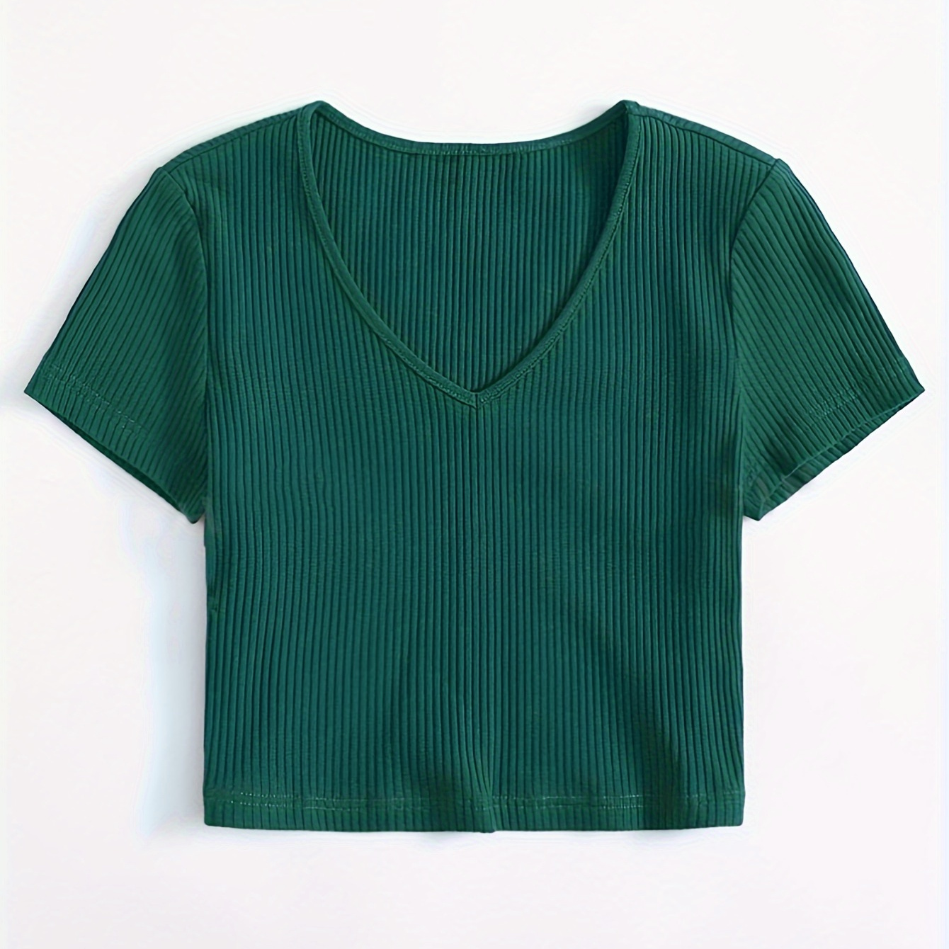 

Solid Ribbed V Neck T-shirt, Casual Short Sleeve Crop Top For Spring & Summer, Women's Clothing