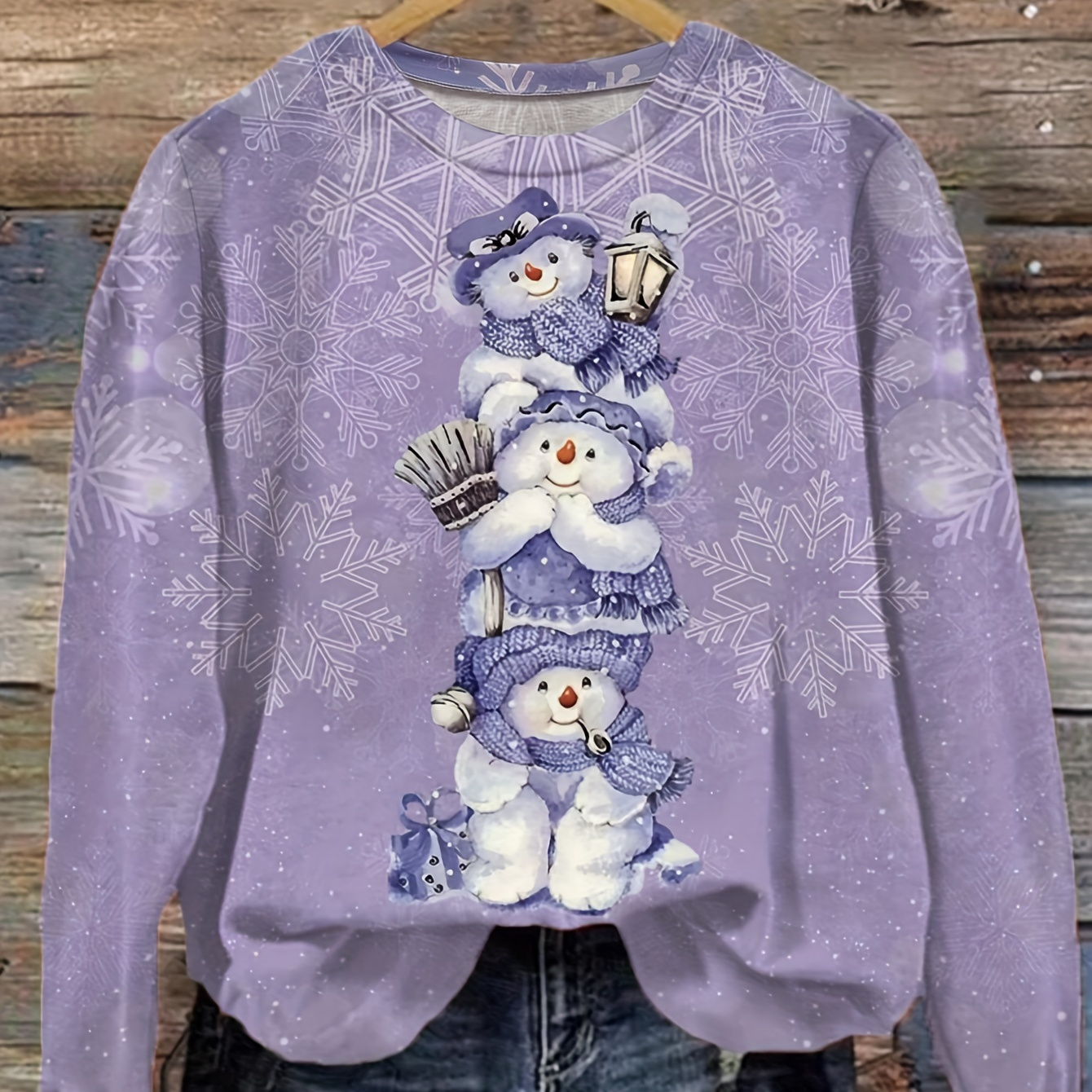 

Vintage Style Snowman Print Crew Neck Sweatshirt For Women - Polyester Blend With Elastane, Comfortable Knit Fabric, Festive Christmas Pattern, Perfect For Fall/winter