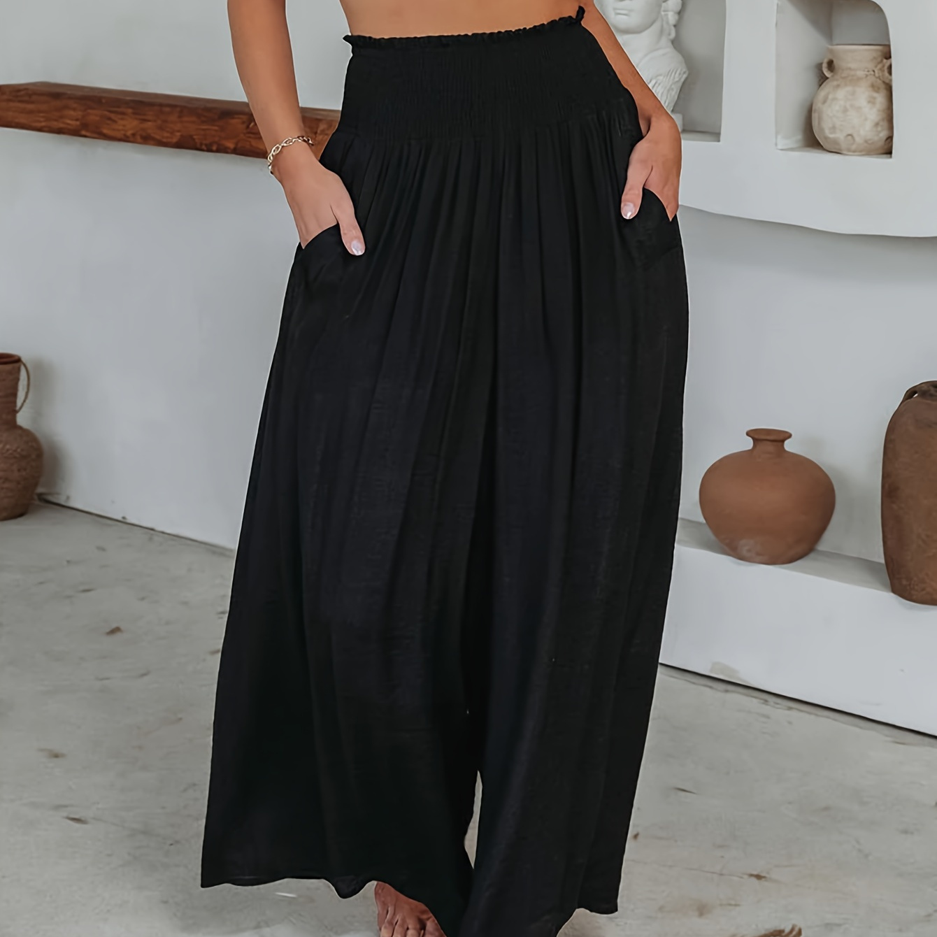 

Solid Color Slant Pockets Pants, Casual Shirred Loose Wide Leg Pants For Every Day, Women's Clothing