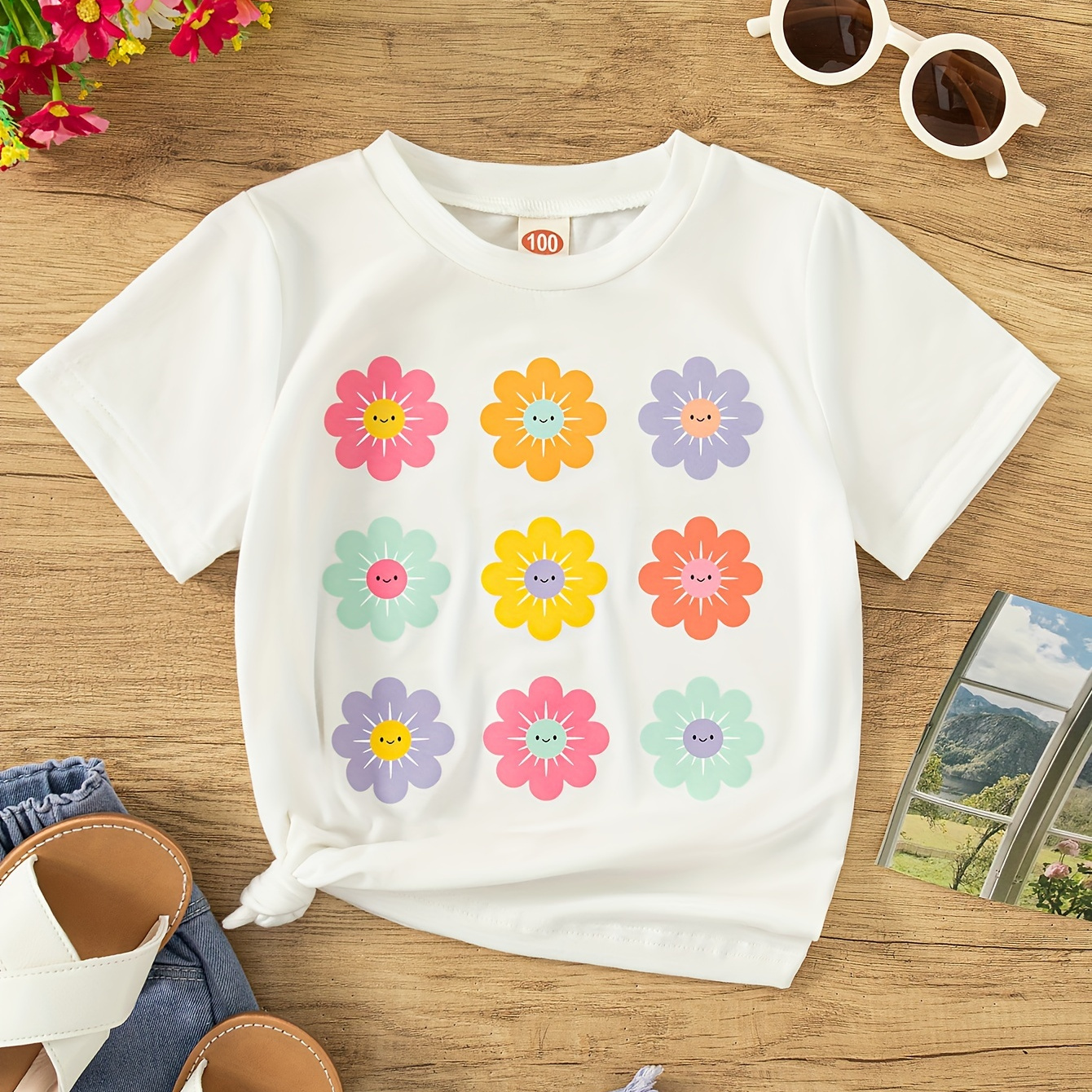

Casual Flower Print Crew Neck Short Sleeve T-shirt Top For Girls Summer Gift