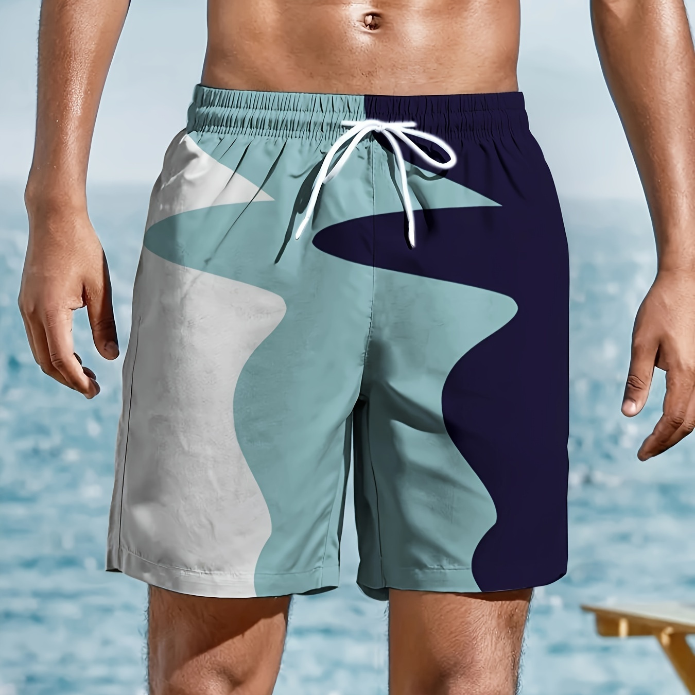 

Men's Quick-dry Swim Trunks With Color Block Design And Adjustable Drawstring, Casual Style, Comfort Fit, Summer Beachwear