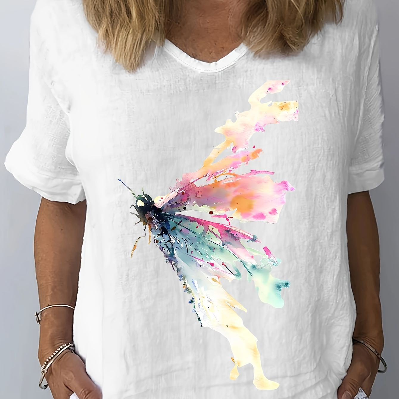 

Butterfly Print T-shirt, Short Sleeve V Neck Casual Top For Summer & Spring, Women's Clothing