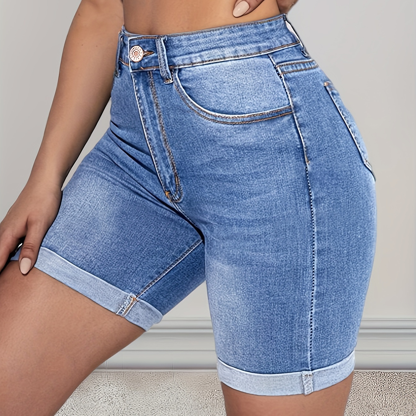 

Women's High Waist Skinny Denim Bermuda Shorts, Blue, Stretchable, Rolled Cuff, Basic Style, Summer Fashion