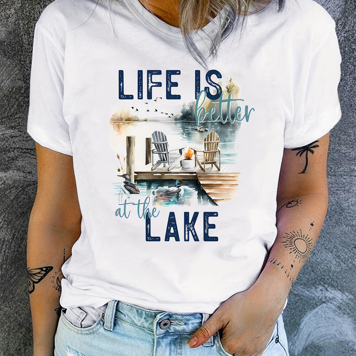 

Lake Print Crew Neck T-shirt, Casual Short Sleeve T-shirt For Spring & Summer, Women's Clothing