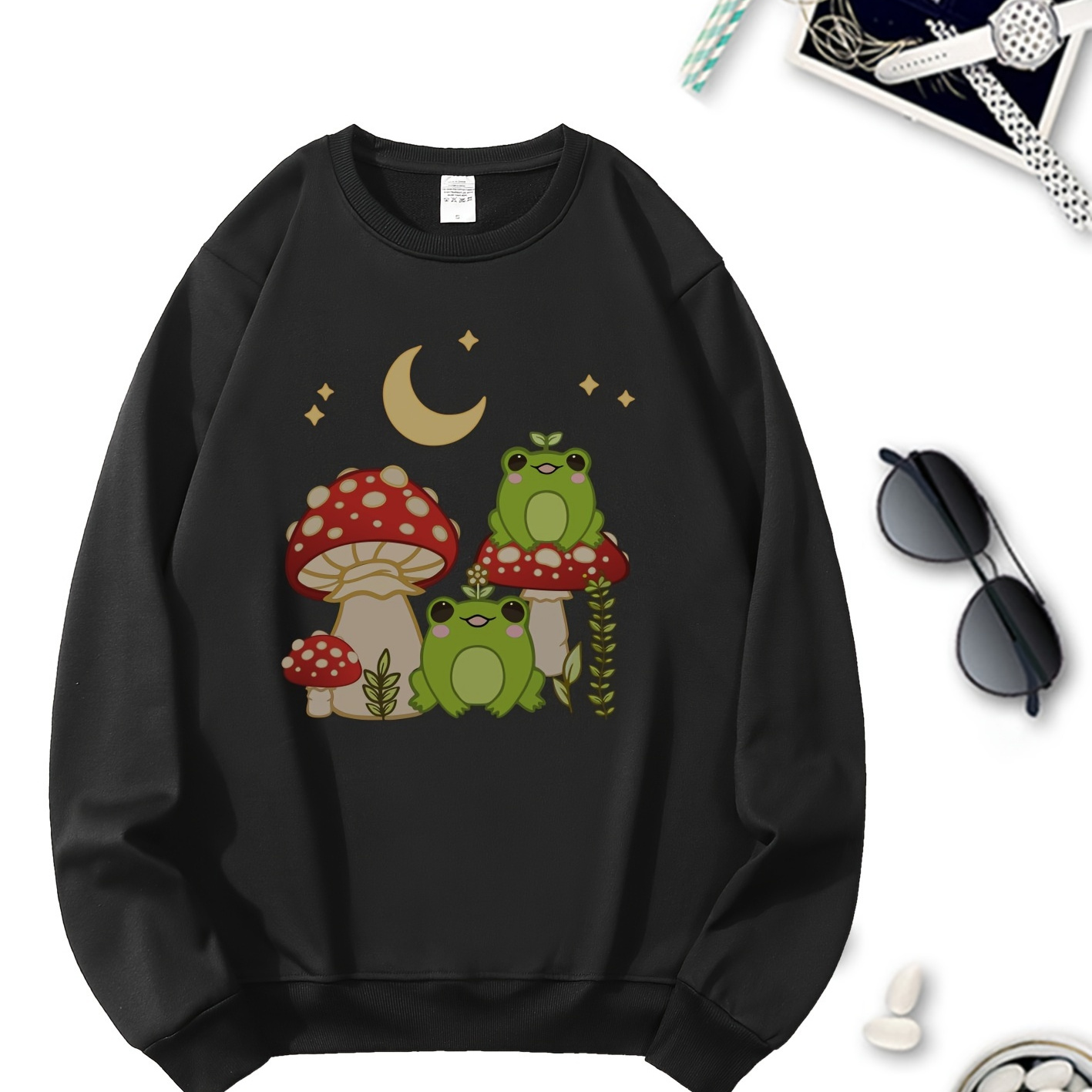 

Mushroom & Frog Print Sweatshirt, Cute Long Sleeve Crew Neck Sweatshirt, Women's Clothing