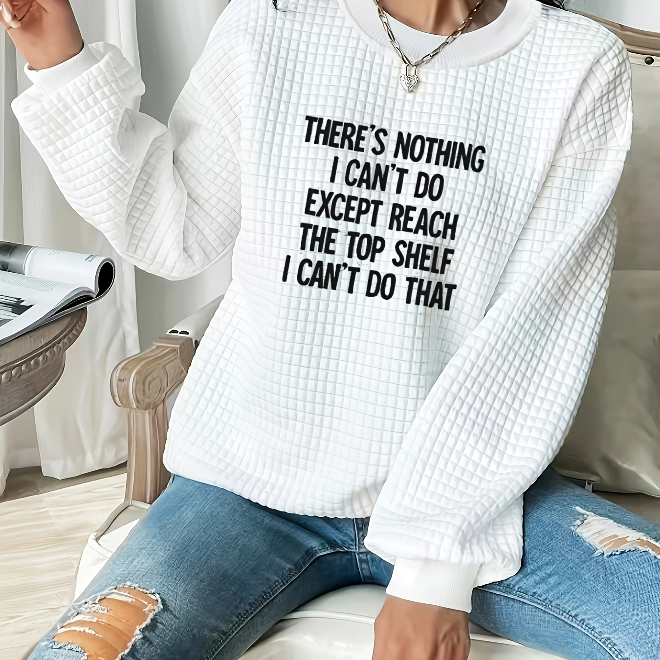 

Plus Size Letter Print Pullover Sweatshirt, Casual Waffle Knit Long Sleeve Crew Neck Sweatshirt For Fall & Spring, Women's Plus Size Clothing