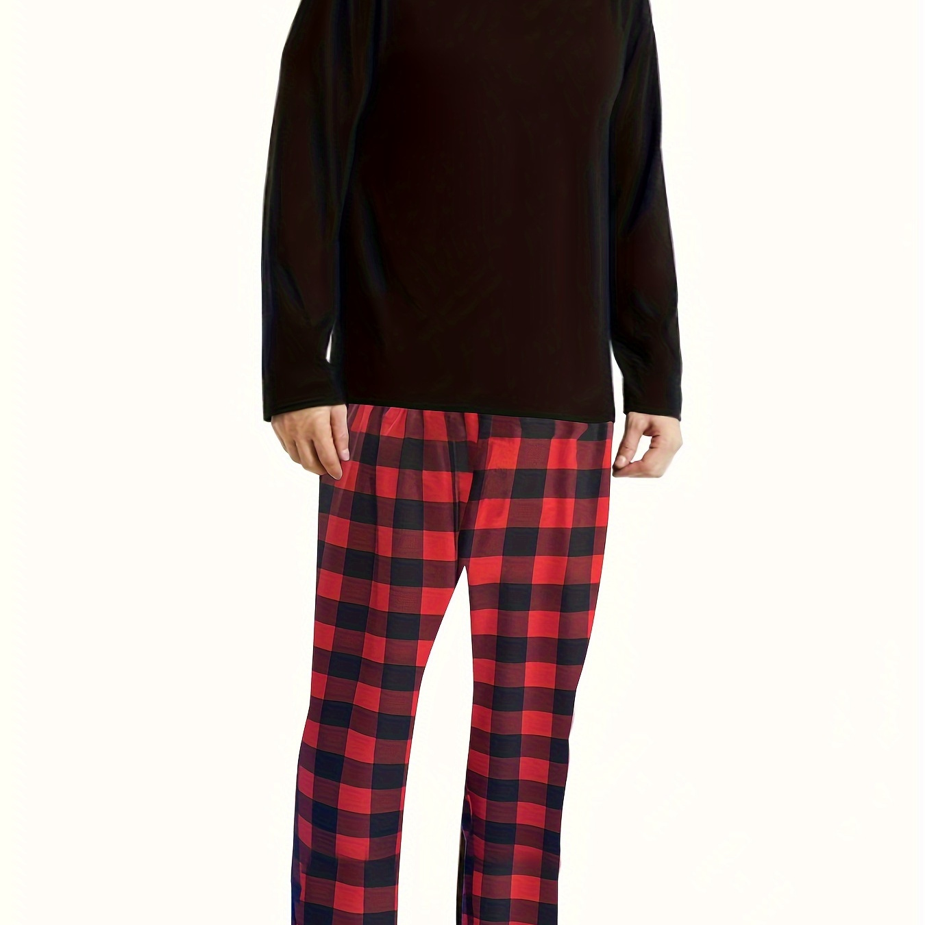 

Men's Trendy Casual Christmas Pajamas Sets, Solid Long Sleeve Crew Neck Top & Plaid Loose Stretchy Elastic Waist Pants Lounge Wear