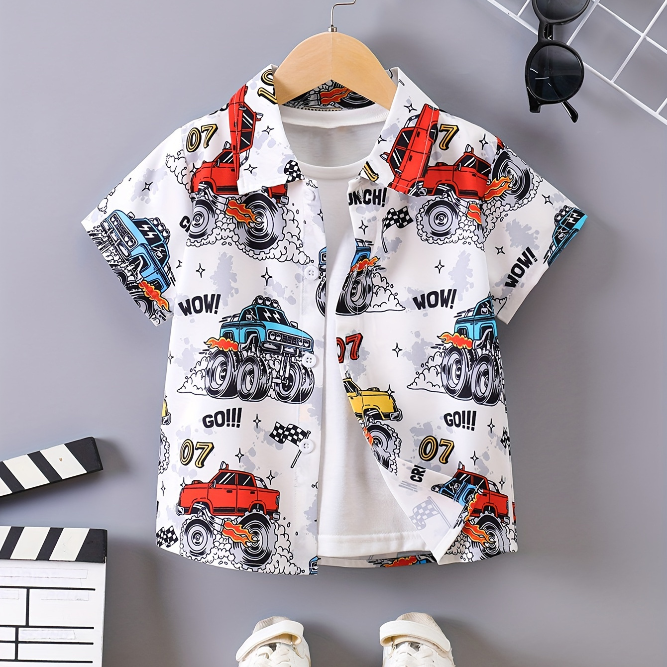 

Boys Cartoon Cool Truck Pattern Button Down Shirt, Kids Casual Short Sleeve Summer Top