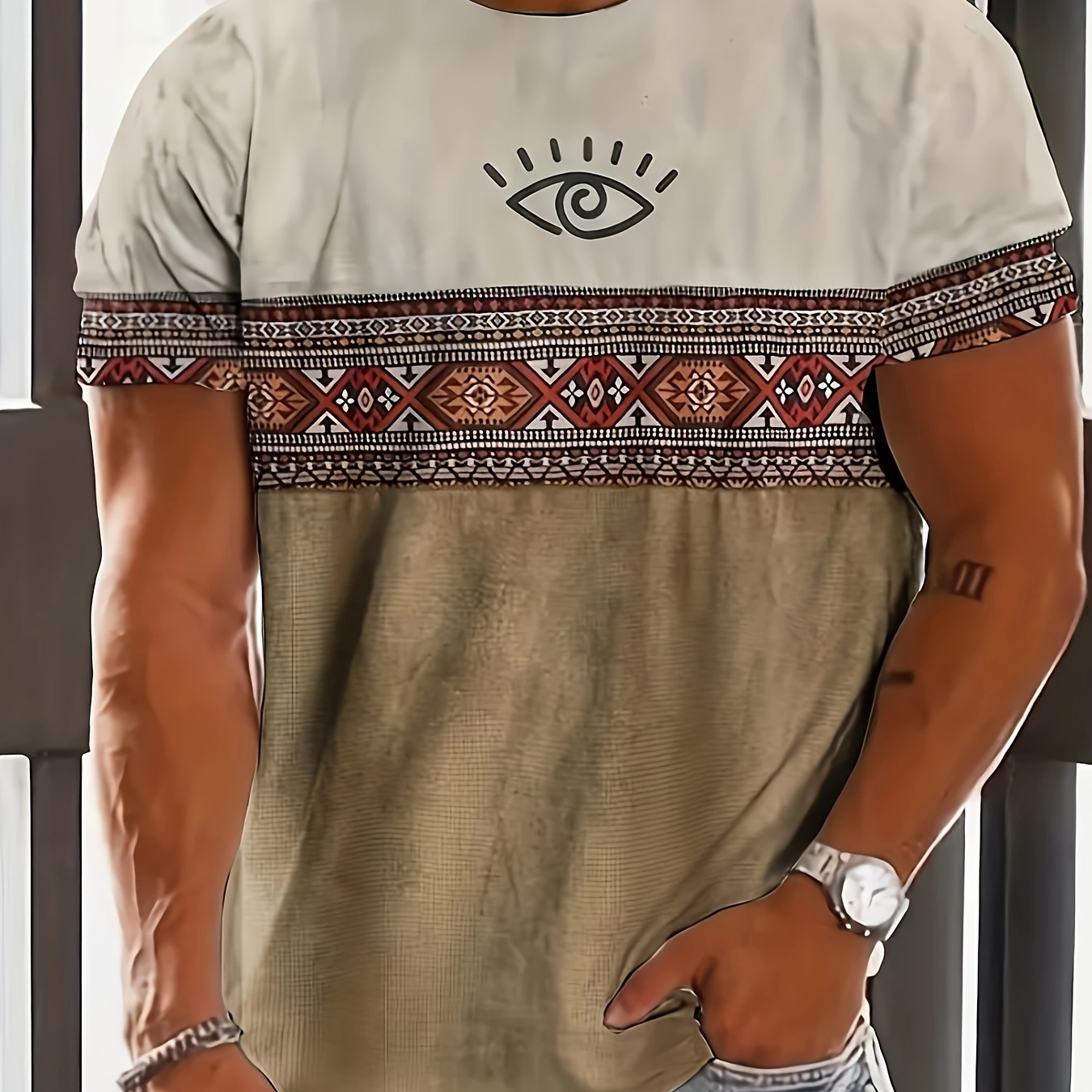 

Men's Trendy Vintage Ethnic Pattern Short Sleeve Crew Neck T-shirt, Summer Outdoor