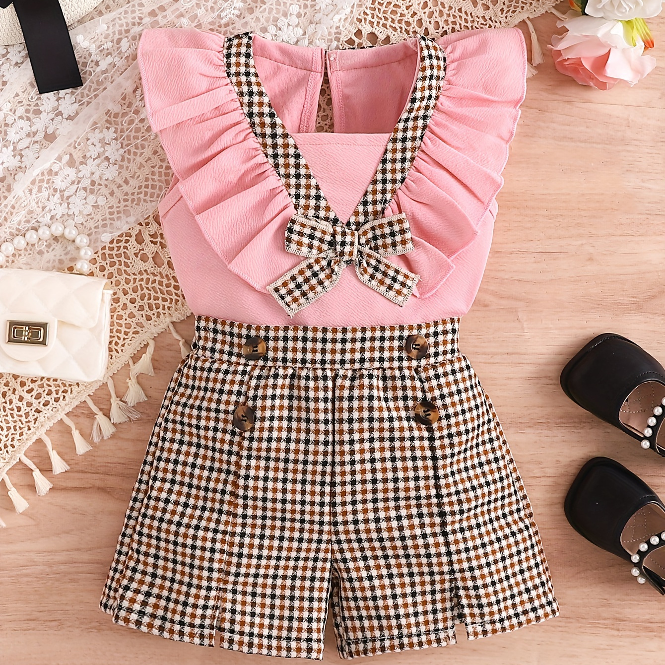 

Girl's Set, Plaid Spliced Ruffle V Sleeveless Top + Plaid Shorts 2-piece Casual Going Out Girls Summer Clothes